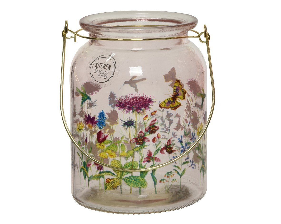 mit season Decoris Henkel 15cm Glas mit decorations Windlicht Windlicht, 1 sortiert Stück Blumen Motiv