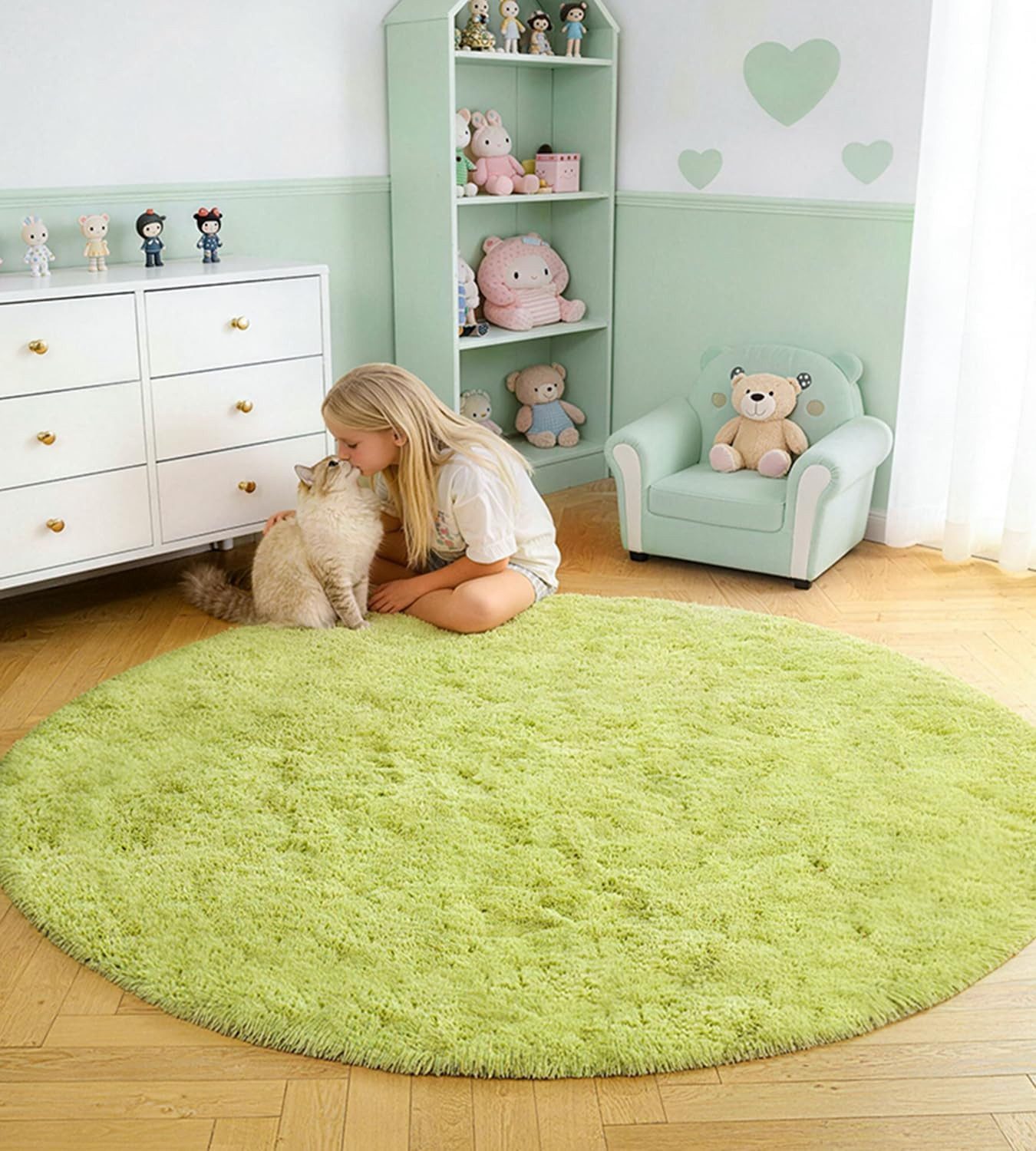 BlingBin Hochflor-Teppich Grasgrüner runder Teppich weicher Flor 120 cm Teppich Kinderzimmer, runden, Höhe: 35 mm, flauschige Matte mit rutschfester Gummi-Rückseite, maschinenwaschbar