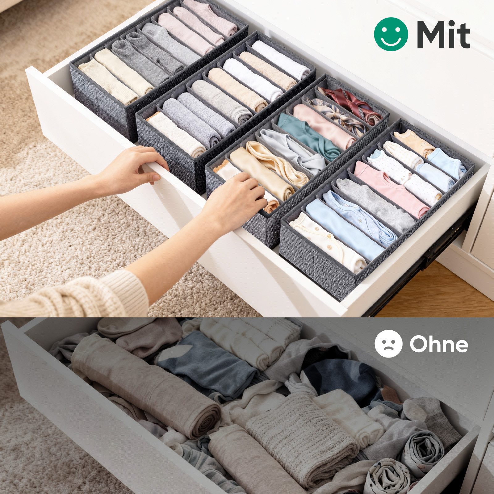Sekey Aufbewahrungsbox Aufbewahrungsbox Set aus Vliesstoff – faltbarer Schubladen, 6 St, 19 × 40 × 11 cm, Organizer für Schrank und Kleiderschrank