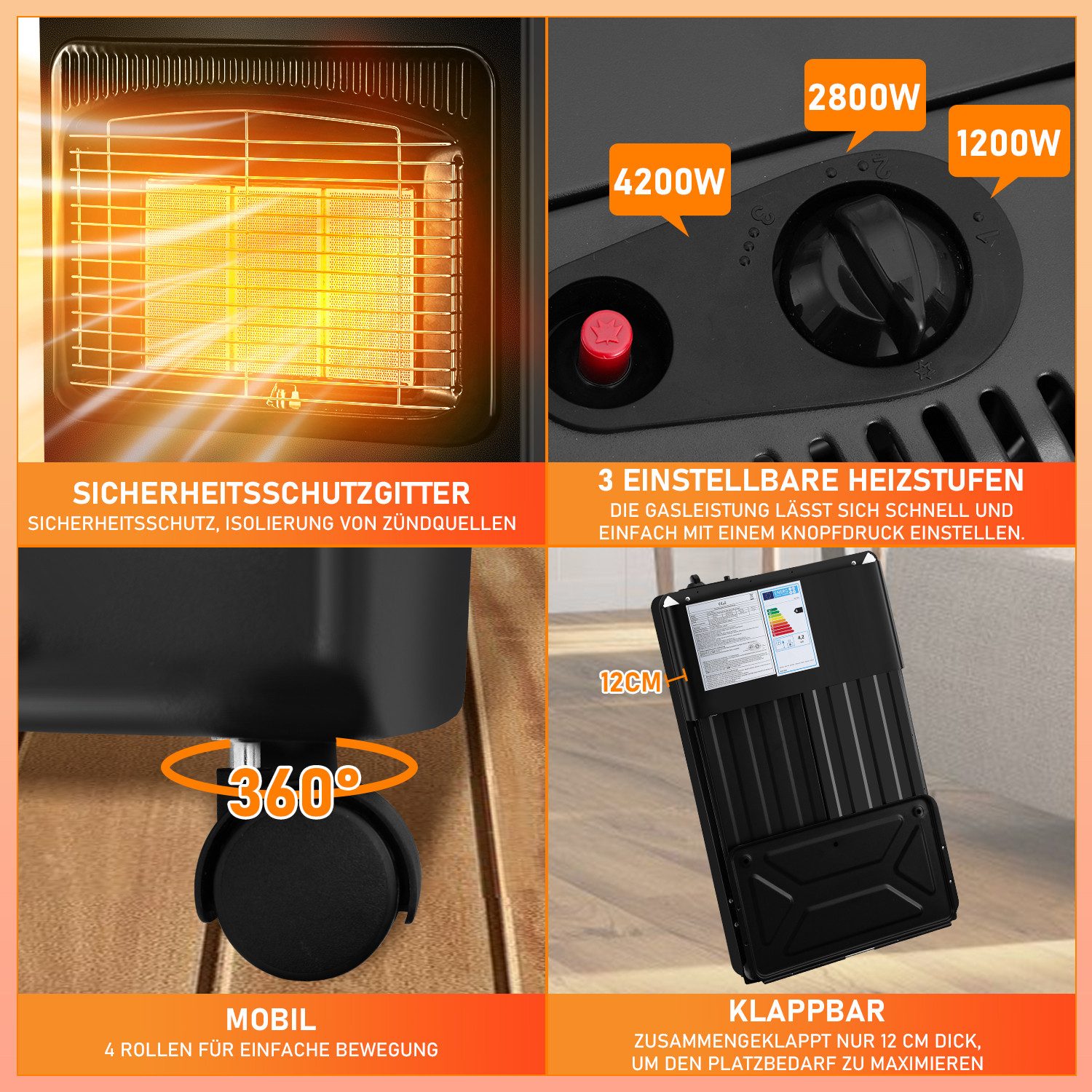 Clanmacy Heizgerät Gasheizung 4200W Keramik Gasheizer Heizstrahler 3 Stufen Gasofen, 4200 W – Bild 5 von 5