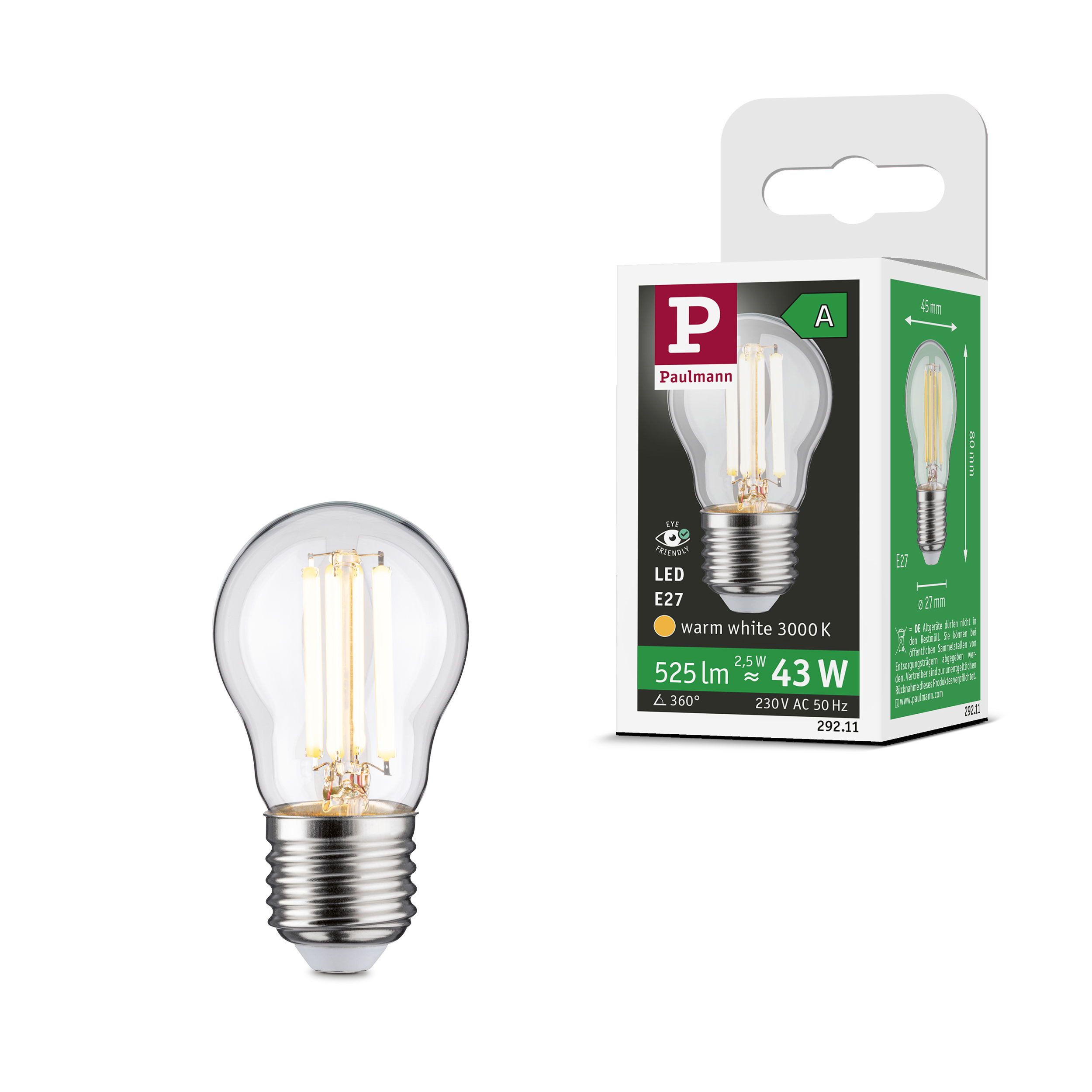 Paulmann LED-Leuchtmittel Eco-Line Tropfen 525lm 2,5W 3000K klar 230V, E27, 1 St., Warmweiß
