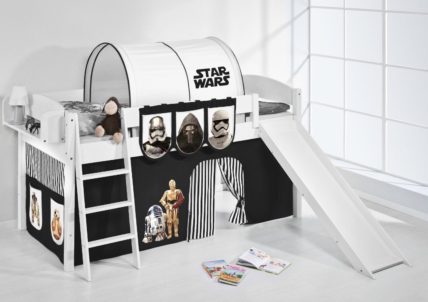 Lilokids Hochbett Spielbett IDA Star Wars - Teilbares Hochbett mit Rutsche & Vorhang umbaubar in Einzelbett, Hochbett oder L-Etagenbett