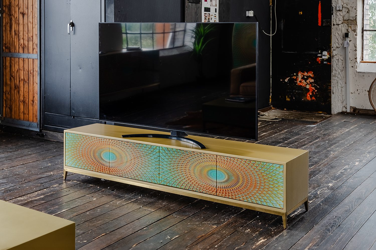 KAWOLA TV-Board, TV-Board 4 Türen Glas grün/gold 200/42/40 cm (B/H/T)