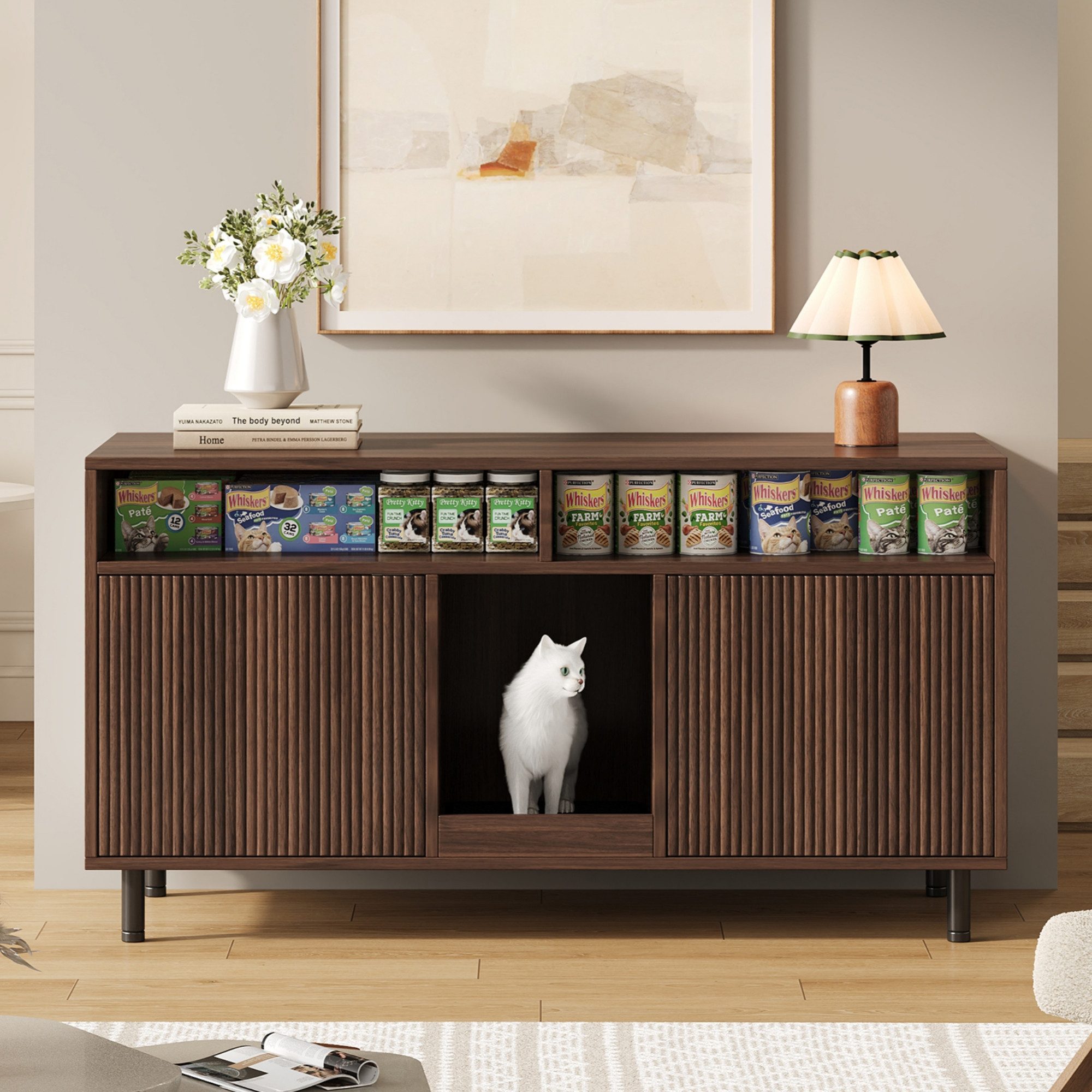 Flieks Mehrzweckschrank mit Sandauffangmatte, Ablage (Sideboard, TV-Schrank, 1-St., 120x50x66 cm) Katzentoiletten, Katzenstreuwanne-Schrank Tierhaus Nussbaumfarbe