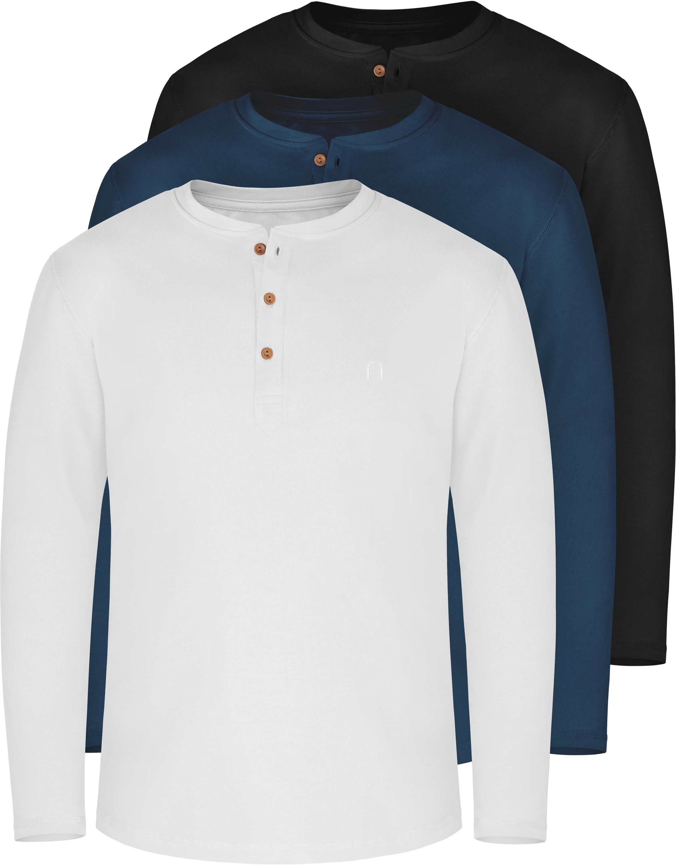 normani Langarmshirt 3er Set Herren Langarm Shirts aus Bio-Baumwolle Basic Henley Shirt für Männer GOTS-zertifiziert