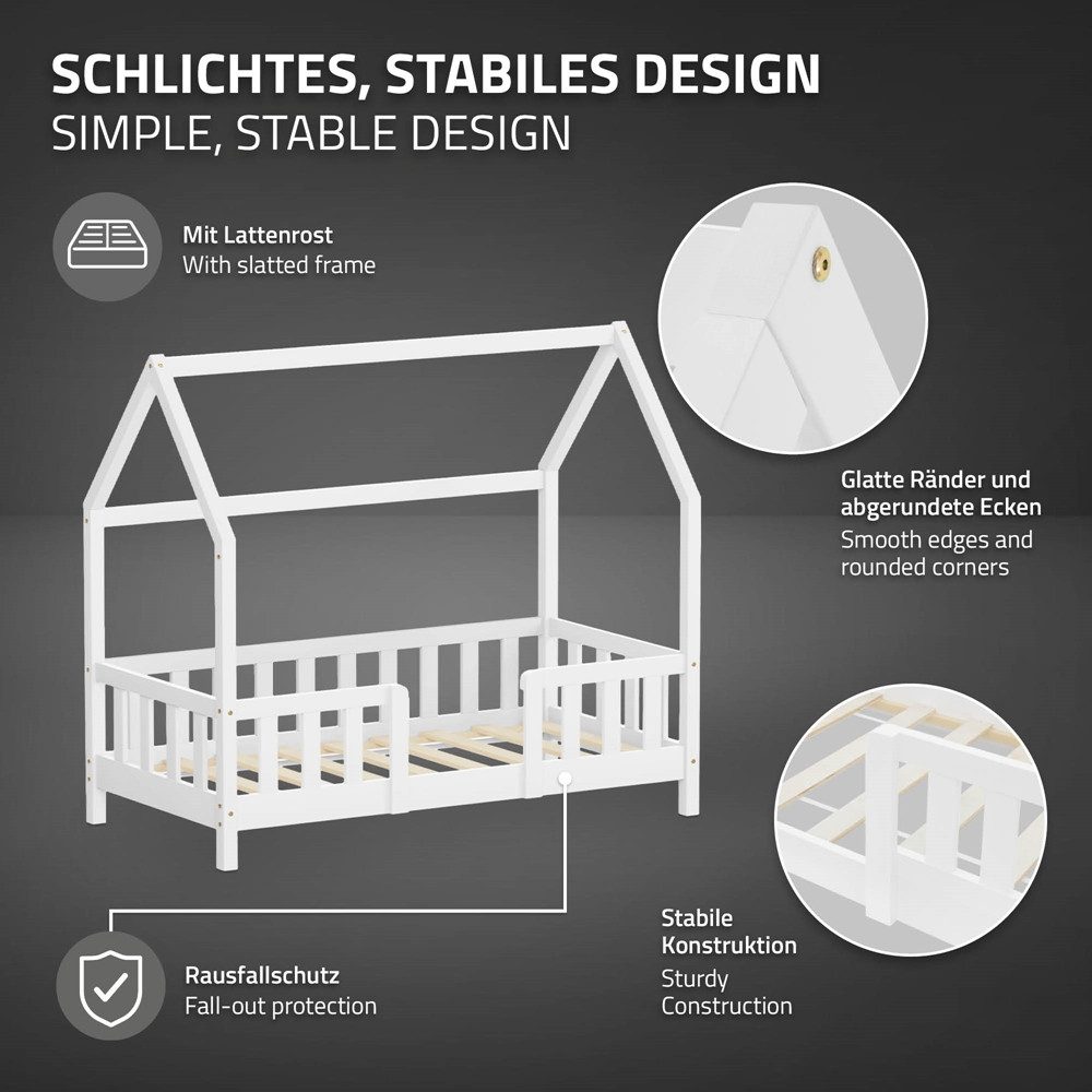 ML-DESIGN Spielbett Hausbett Kinderbett inkl. Lattenrost kreativ Bodenbett für Kinder, Abenteuerbett ohne Matratze 70x140cm Holzbett Weiß Kiefer Bettgestell – Bild 3 von 5