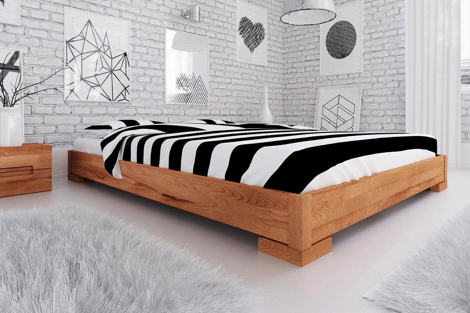 Natur24 Einzelbett Bett Bento 2 Kernbuche massiv 160x200cm ohne Kopfteil mit Holzbeinen