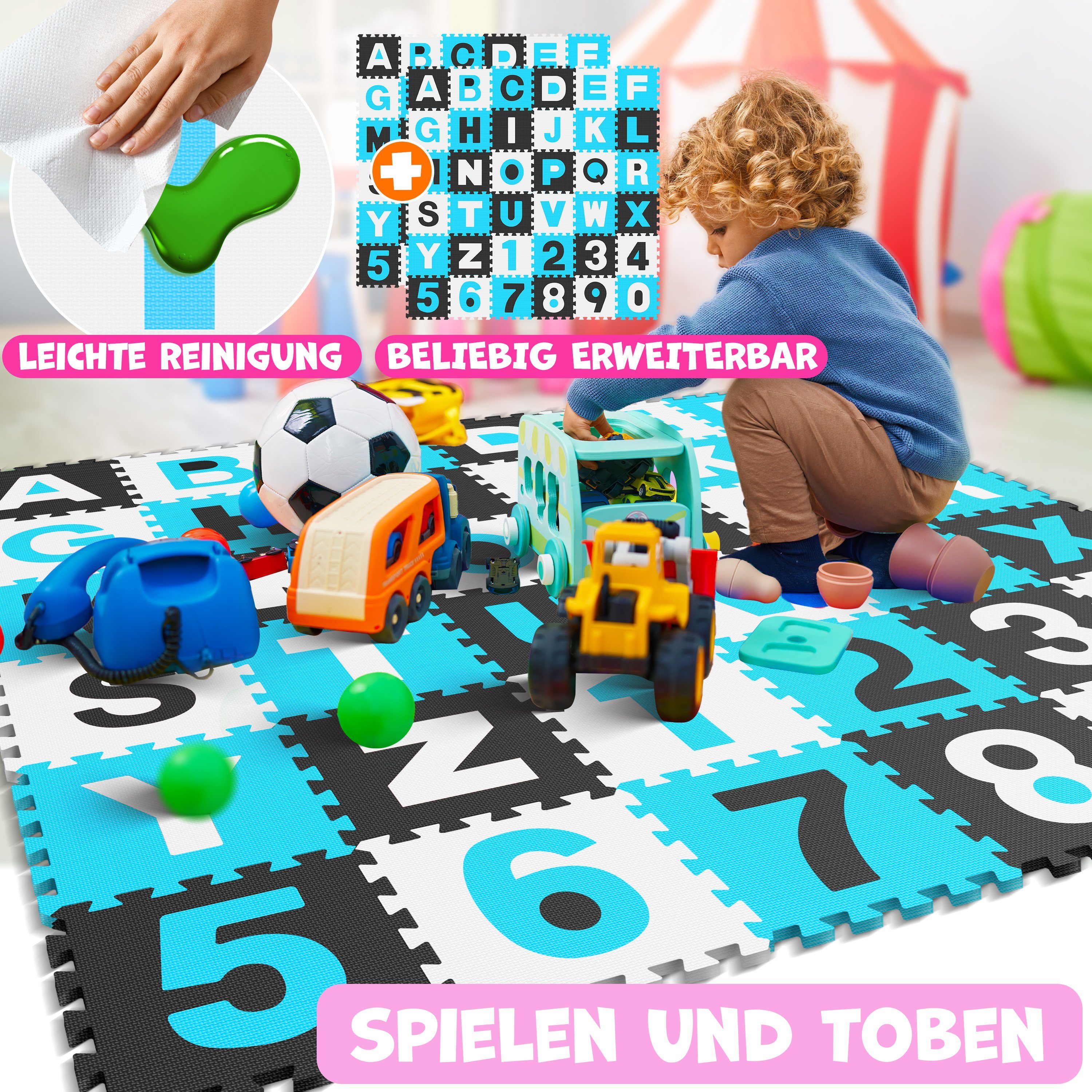 Puzzleteile, Kinder Puzzlematte KIDIZ blau Spielmatte 86 Spielteppich 86 teilige Steckpuzzle,