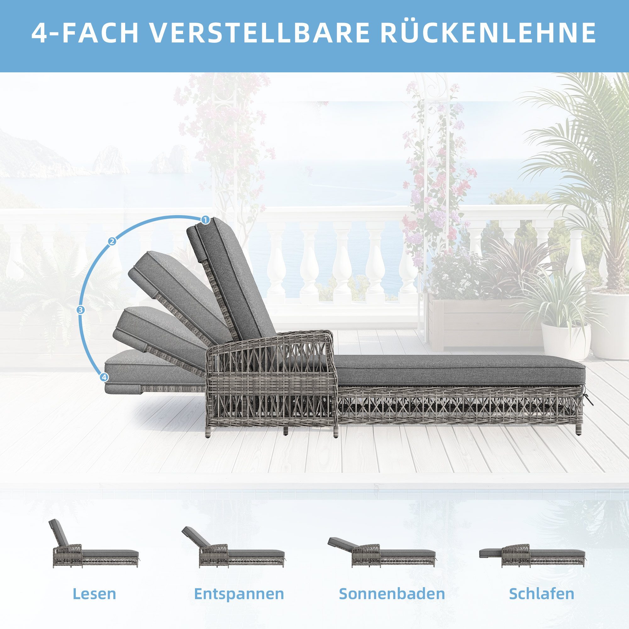 i@home Gartenliege Outdoor-Liege aus Rattan, 1 St., 1* Liege, mit verstellbarer Rückenlehne und abnehmbarem Kissen, grau