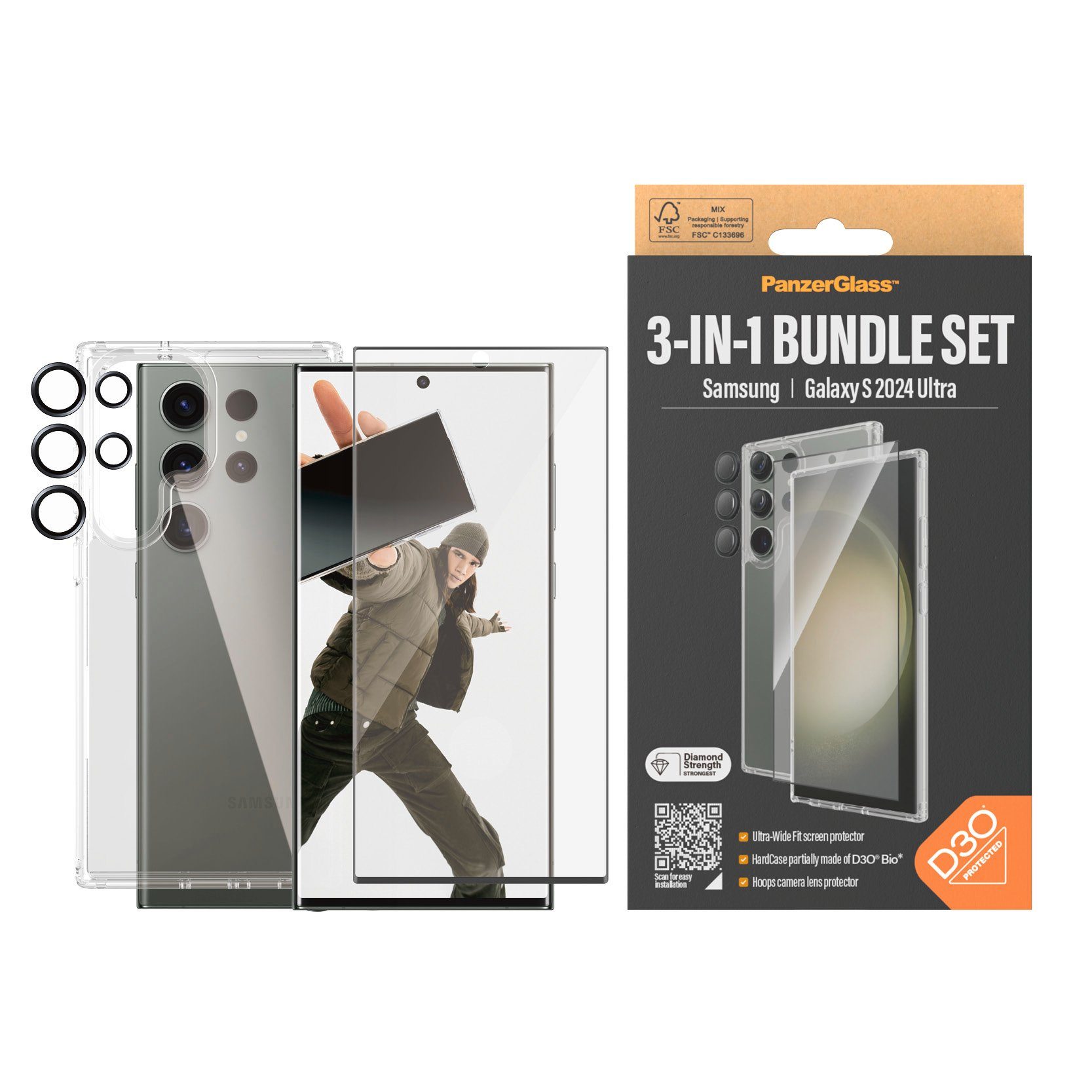 PanzerGlass Displayschutzglas 3-in-1 Bundle Set Screen Protector, Case und Camera Lens Protector für Samsung Galaxy S24 Ultra, Displayschutzfolie, Backcover, Lens Cover, Rundumschutz