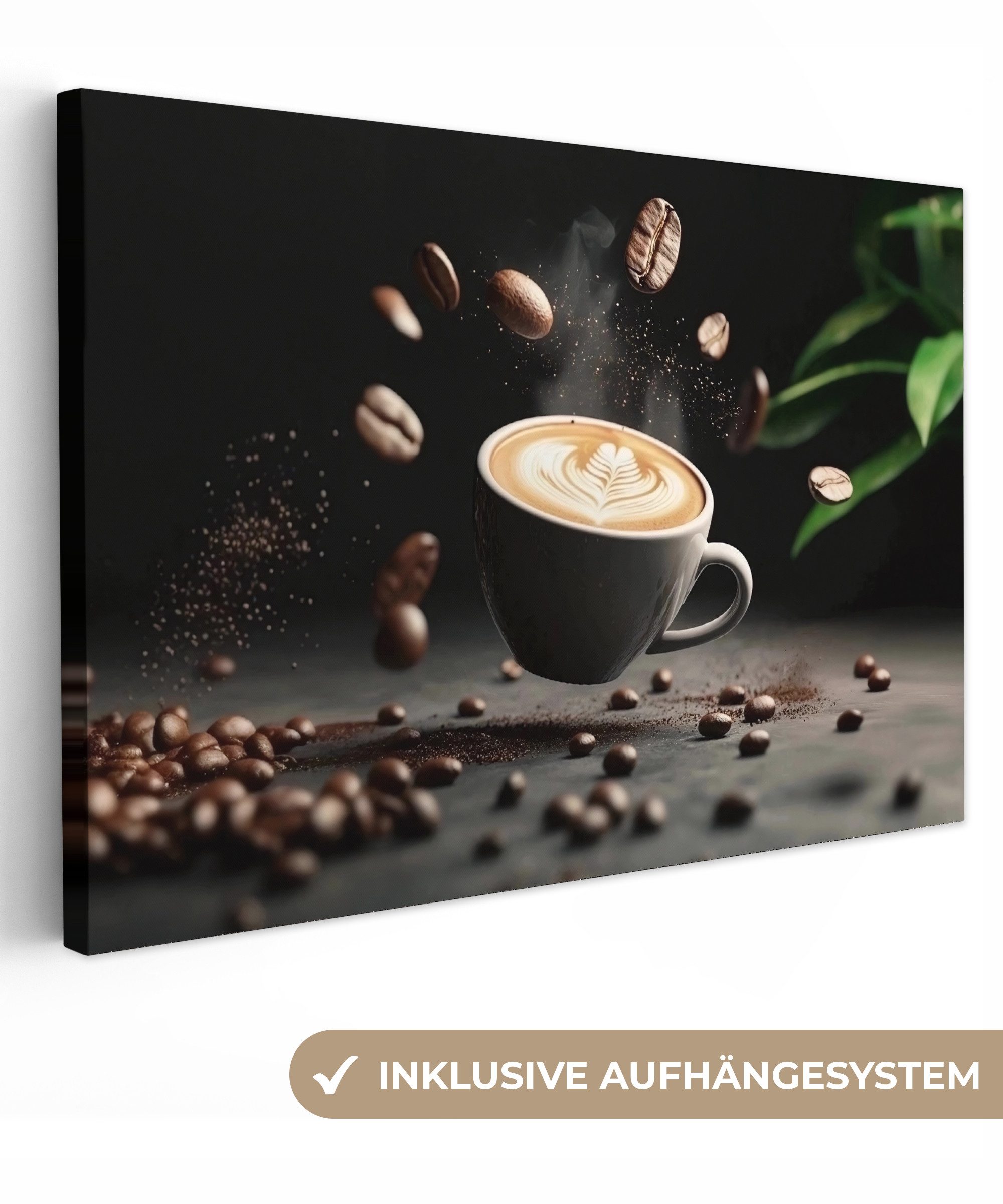 OneMillionCanvasses® Leinwandbild Cappuccino - Tasse - Bohnen - Braun, Foto günstig online kaufen