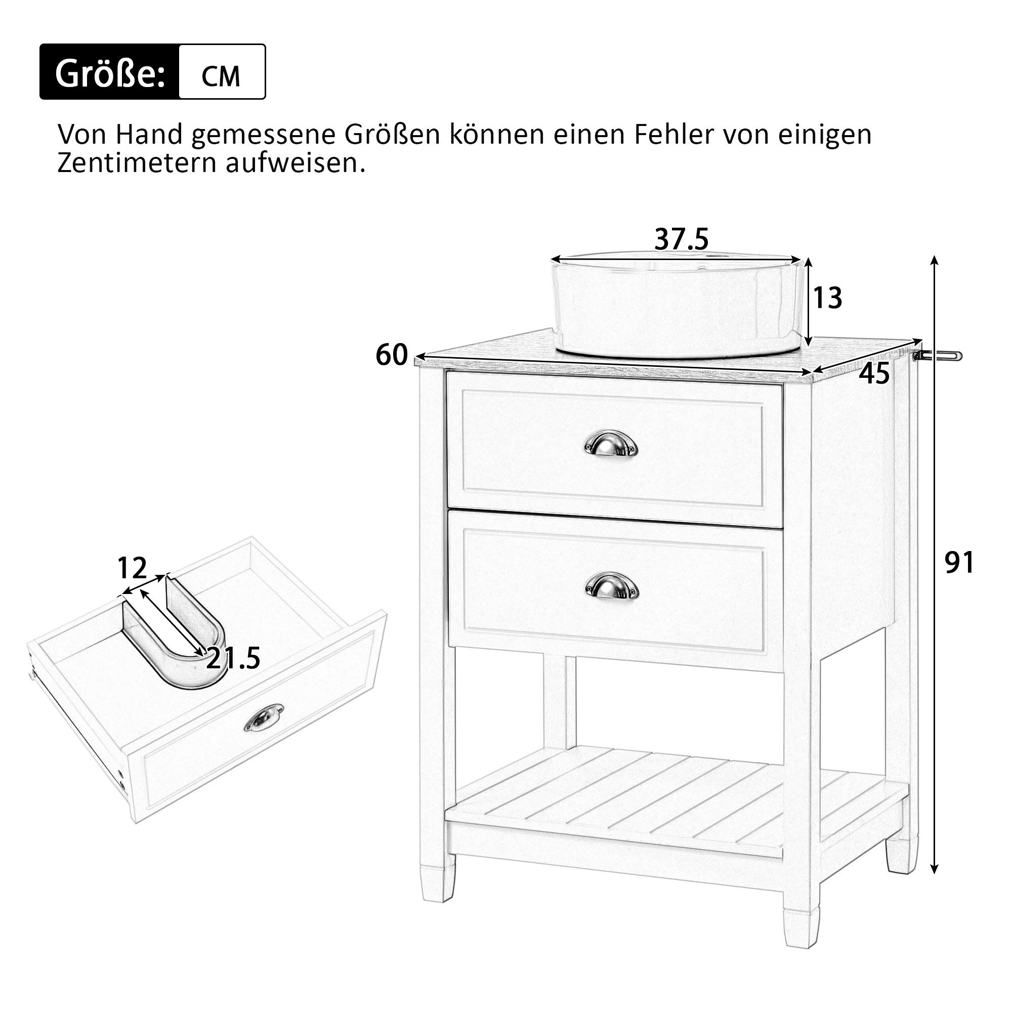 Flieks Waschtisch Waschbeckenunterschrank mit runder Waschbecken (B60/T45/H91 cm, 1-St., bodenstehend, Waschbeckenunterschrank in Weiß und Holzoptik), Badmöbel- – Bild 5 von 5