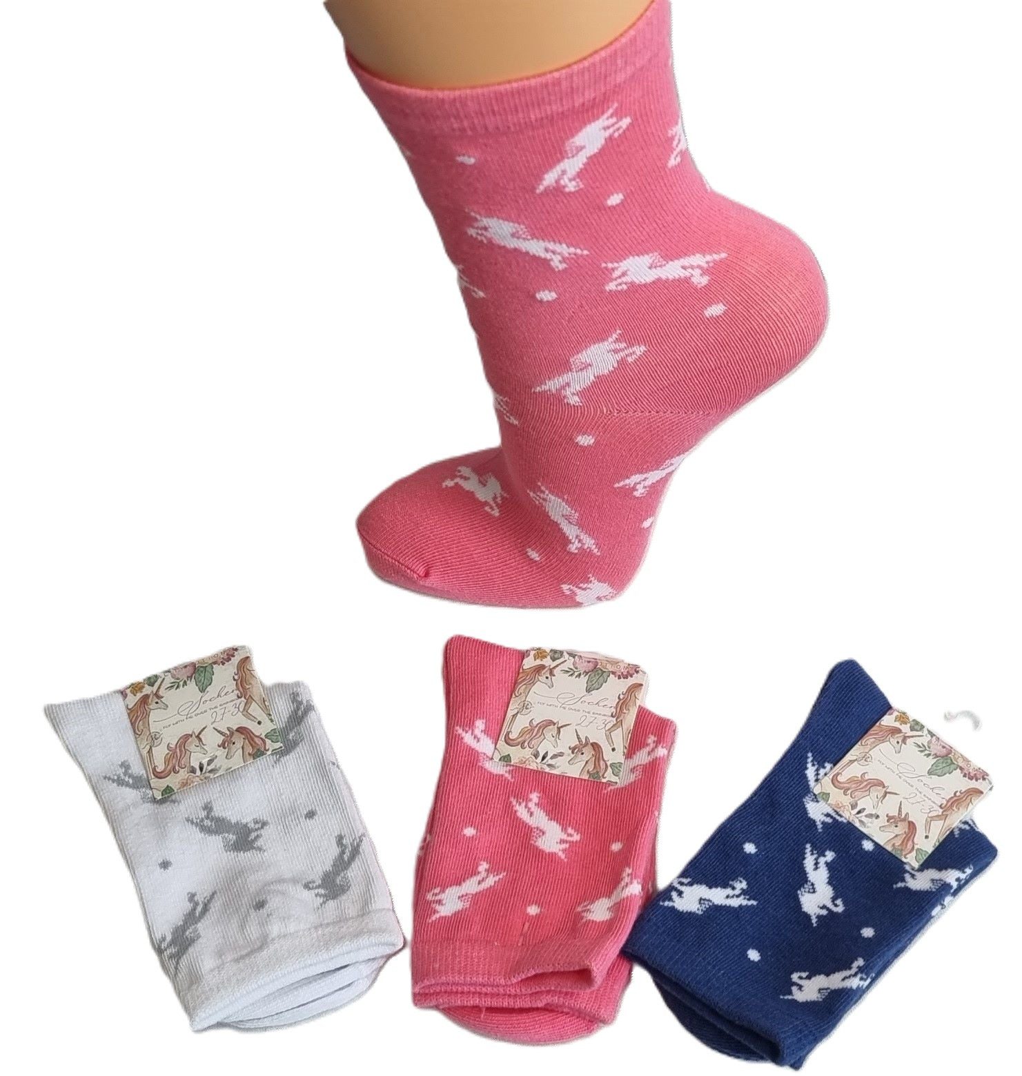 Toker Collection® Socken CNB Kindersocken Einhorn, 3er Pack, Baumwolle, 3 Farben (Packung, 3 Paar) mit Einhorn – Bild 3 von 5