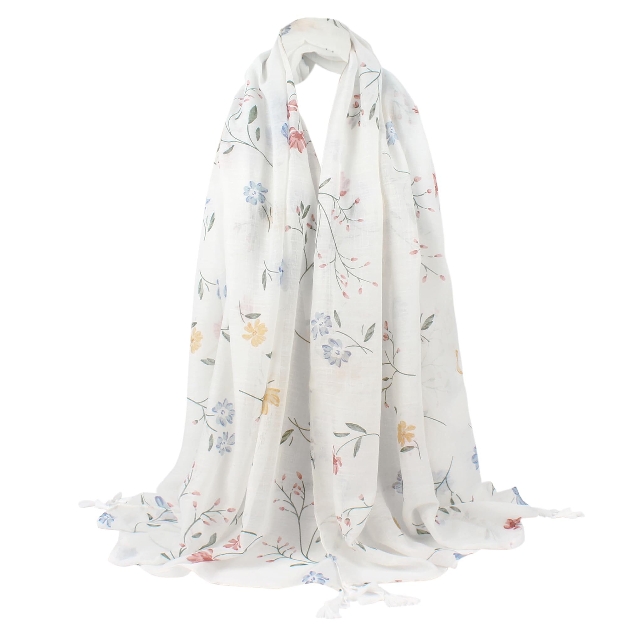 Bwecuy Modeschal Boho Damen Schal mit Blumenprint und Quasten, Leichter Sommer Schal, Modisches Halstuch, Hijab Schal und Stola für Alltag, Reisen