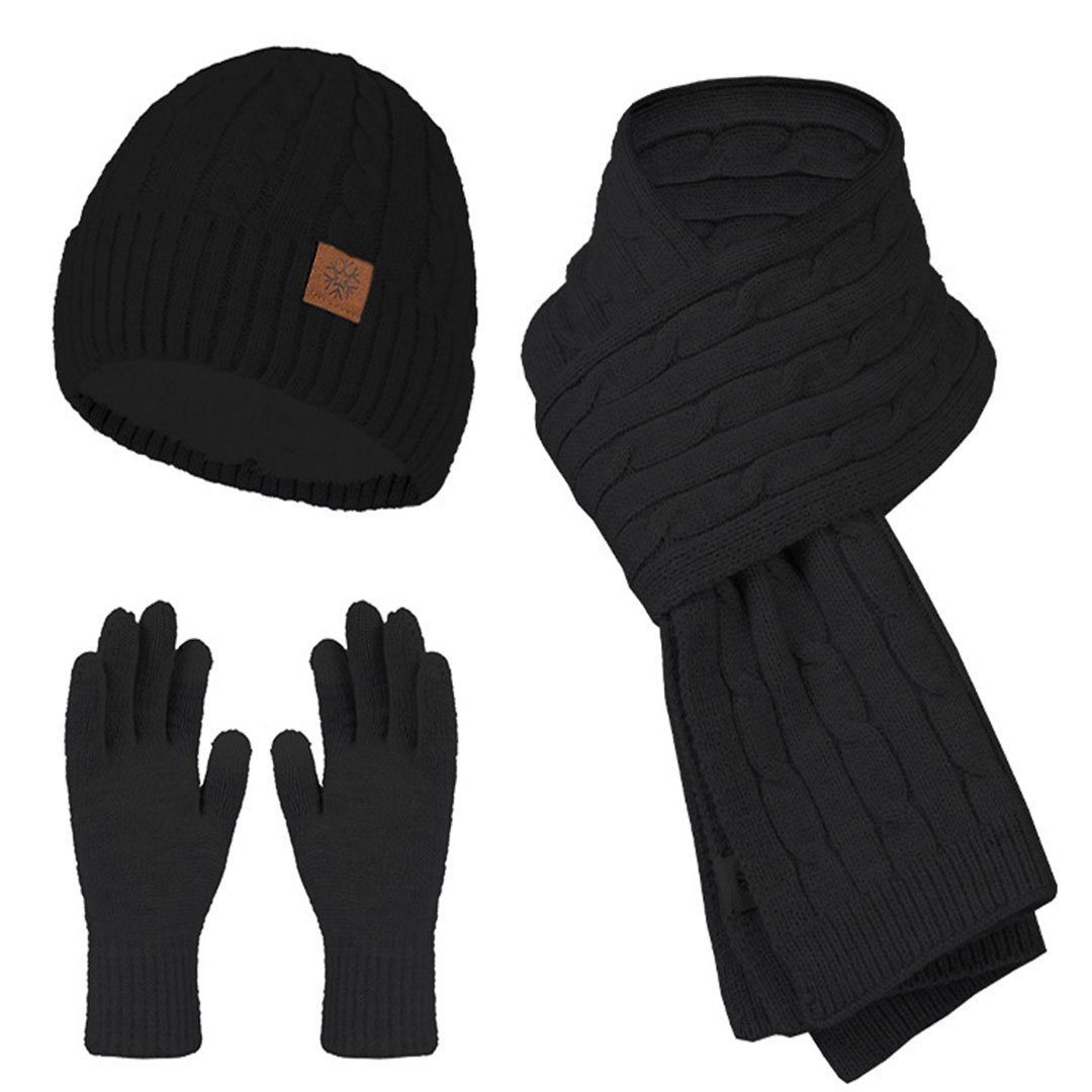 (den Kuschelige (3-St) für, Strickmütze Strickmütze, Schal & Handschuhe: Perfekt schwarz Schal Winter AUKUU