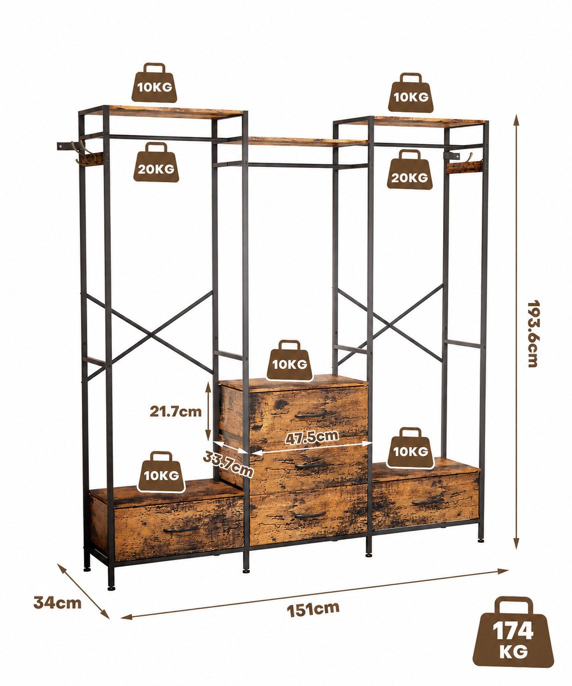 Yorbay Kleiderständer Kleiderregal mit 3 Kleiderstangen, 5 Schubladen & 4 Haken, (151x34x193,6 cm), Ideal als Garderobenständer für Schlafzimmer, Ankleidezimmer