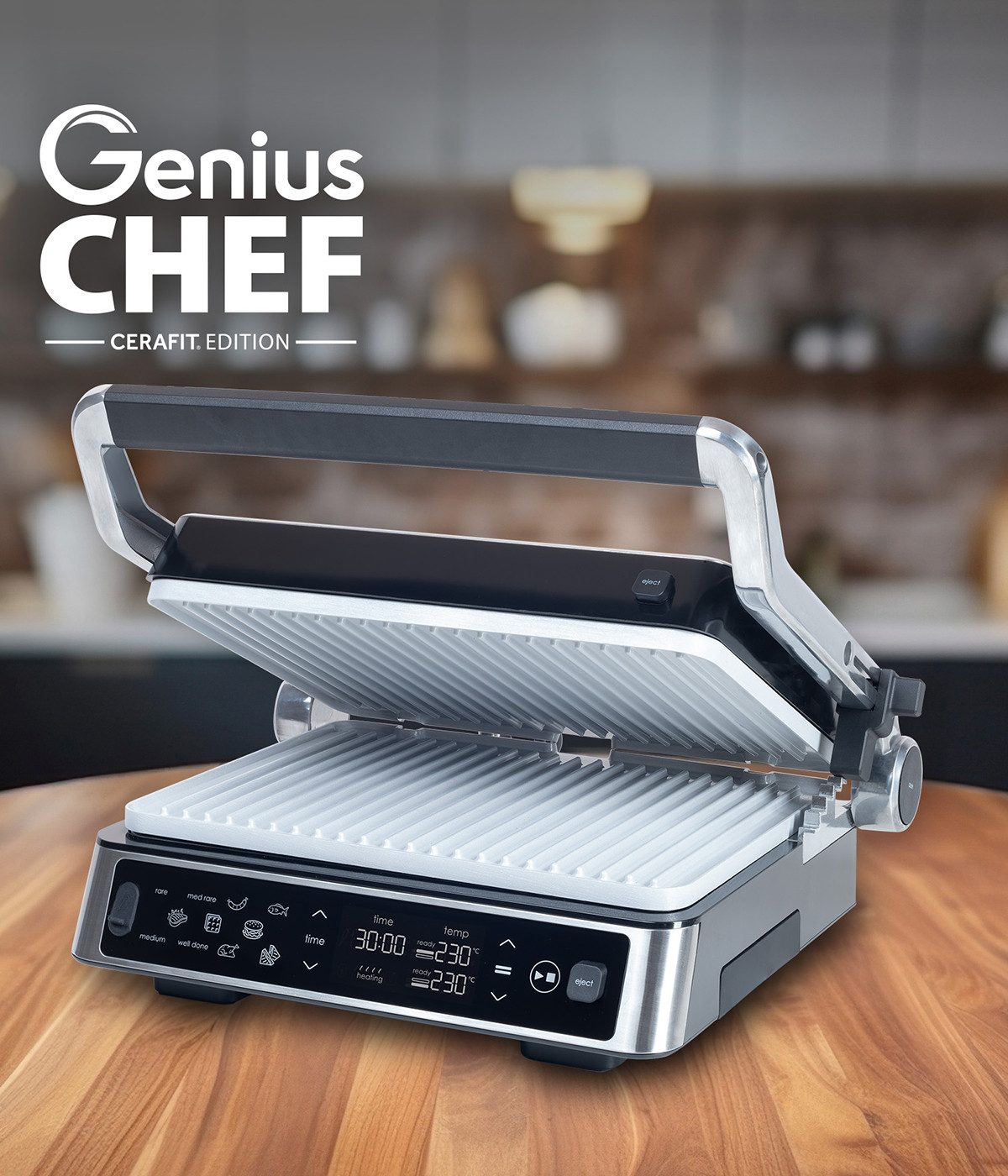 Genius Kontaktgrill Genius Chef Kontakgrill, Elektrogrill Edelstahl für Sandwiches Steak, 2000,00 W, 2 flexibel austauschbare Platten Integrierte Fettauffangschale