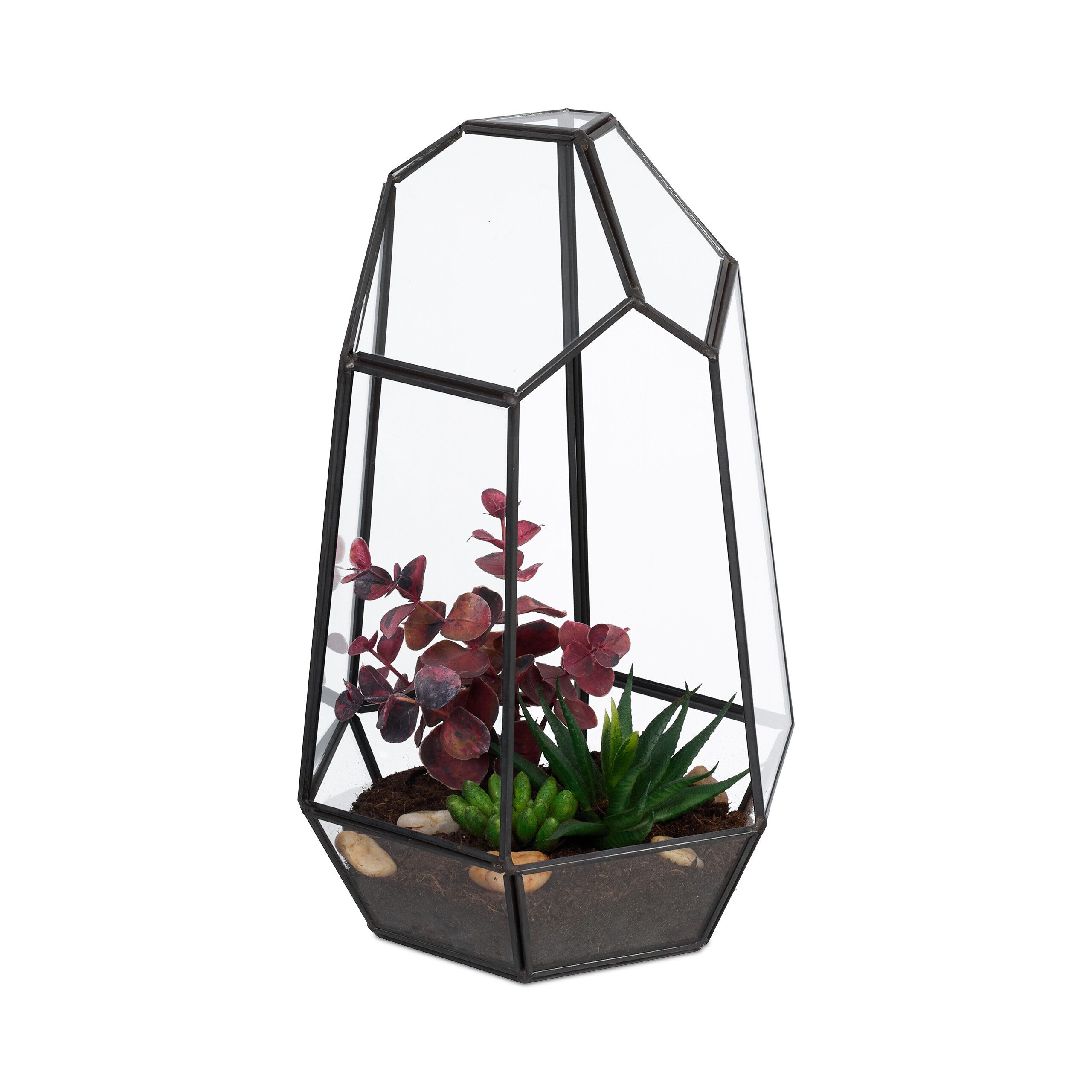 relaxdays Dekovase Geometrisches Pflanzenterrarium aus Glas (1 St), schwarz