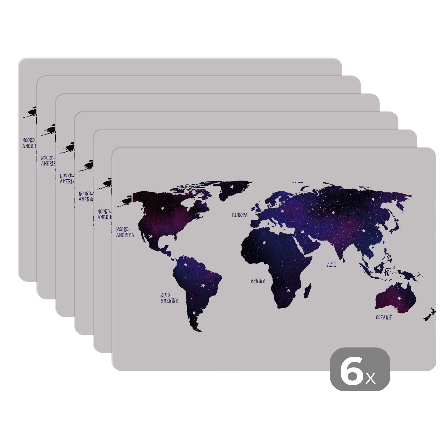 Platzset, Weltkarte - Sternenhimmel - Violett, MuchoWow, (6-St), Platzset, Platzdecken, Platzmatte, Tischmatten, Schmutzabweisend