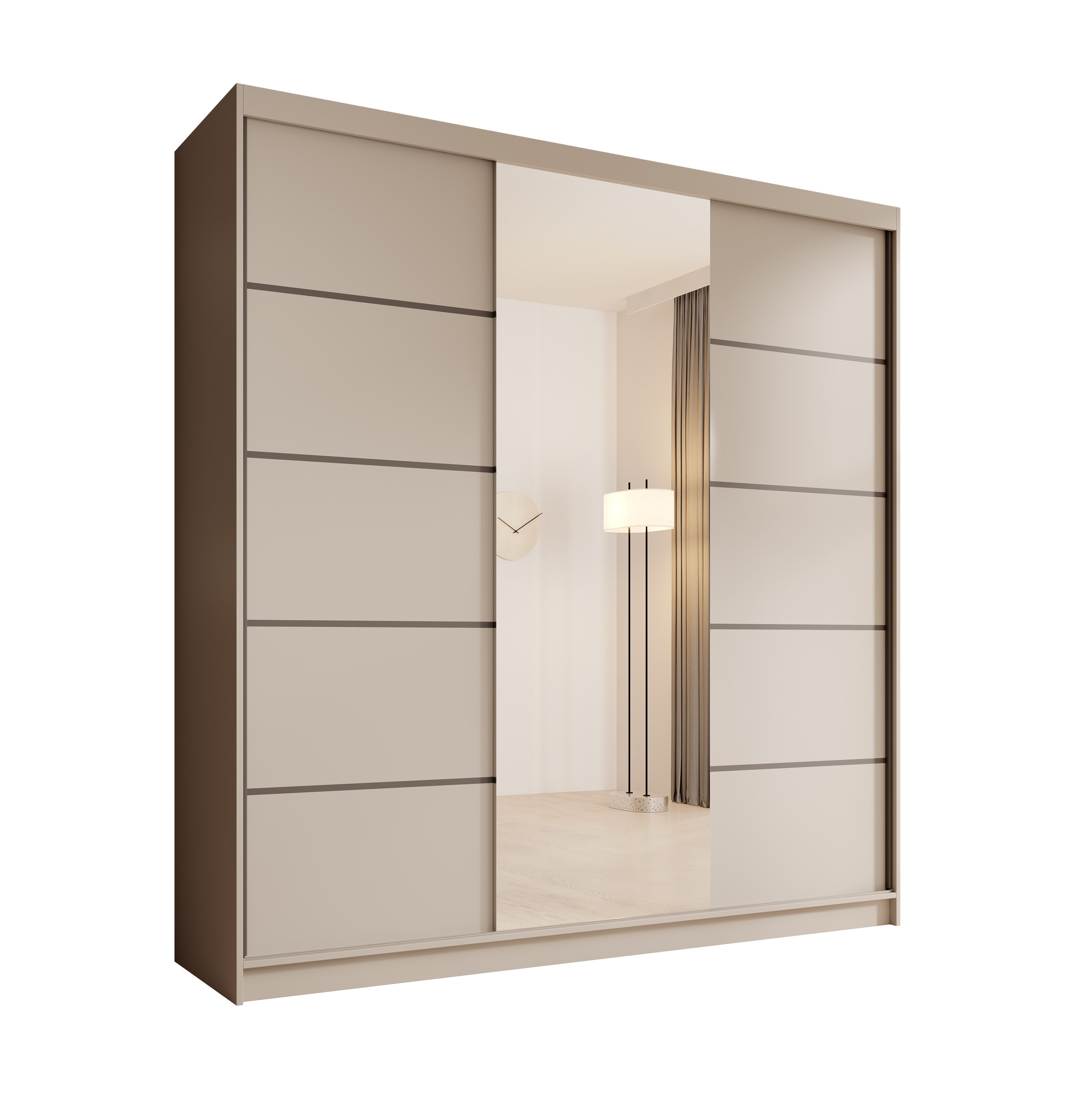 MOEBLO Schiebetürenschrank Lumis 200 (Moderner Kleiderschrank mit Spiegel für Schlafzimmer und Ankleidezimmer, 3 Schiebetüren, 11 Einlegeböden, stabile Kleiderstange, Schwebetürenschrank Schrank Garderobe Schiebtüren Schlafzimmer, Wohnzimmerschrank mit Spiegel) (BxHxT): 200x215x58 cm