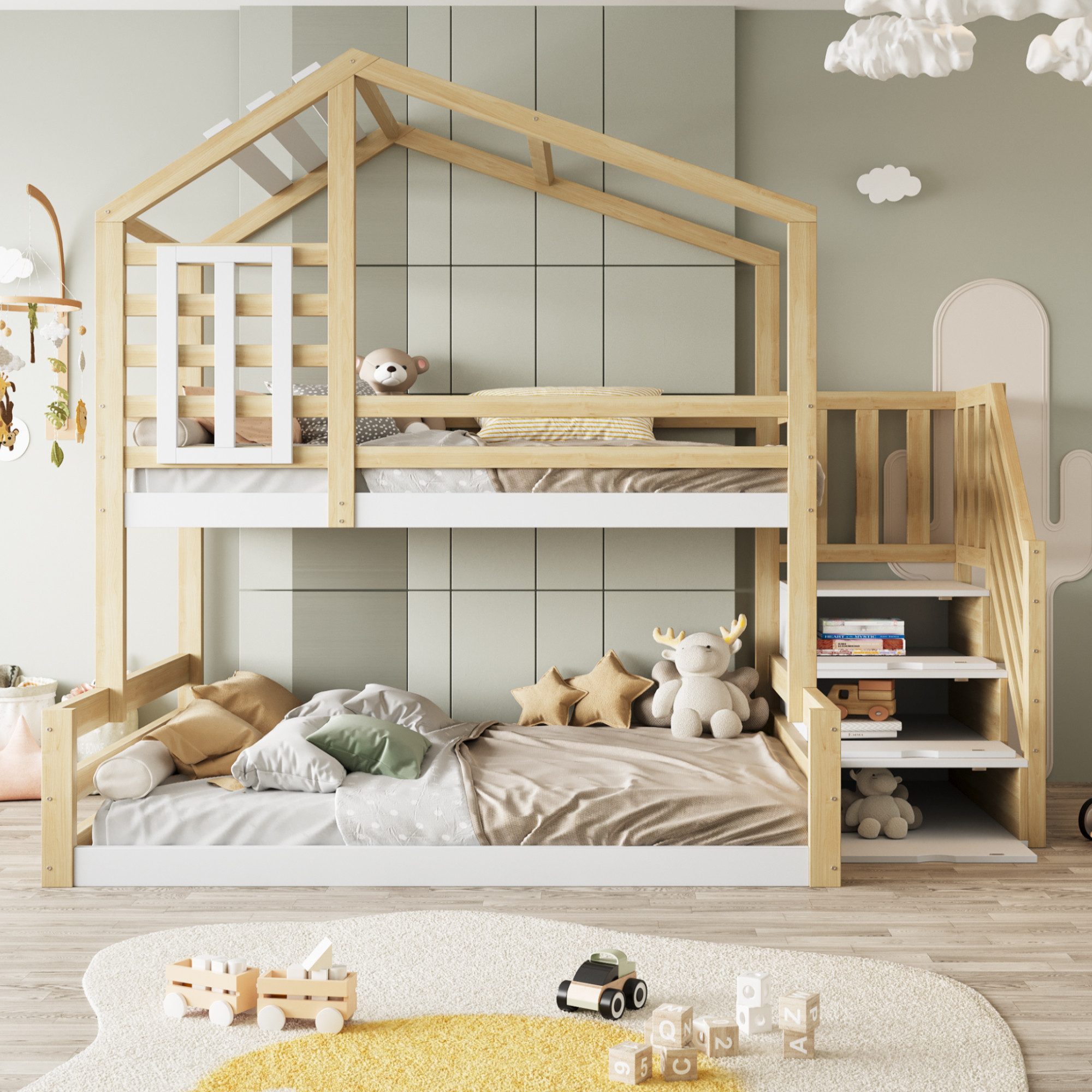 Flieks Etagenbett, Kinderbett 90x200cm+140x200cm mit Haus-Fenster-Design, günstig online kaufen