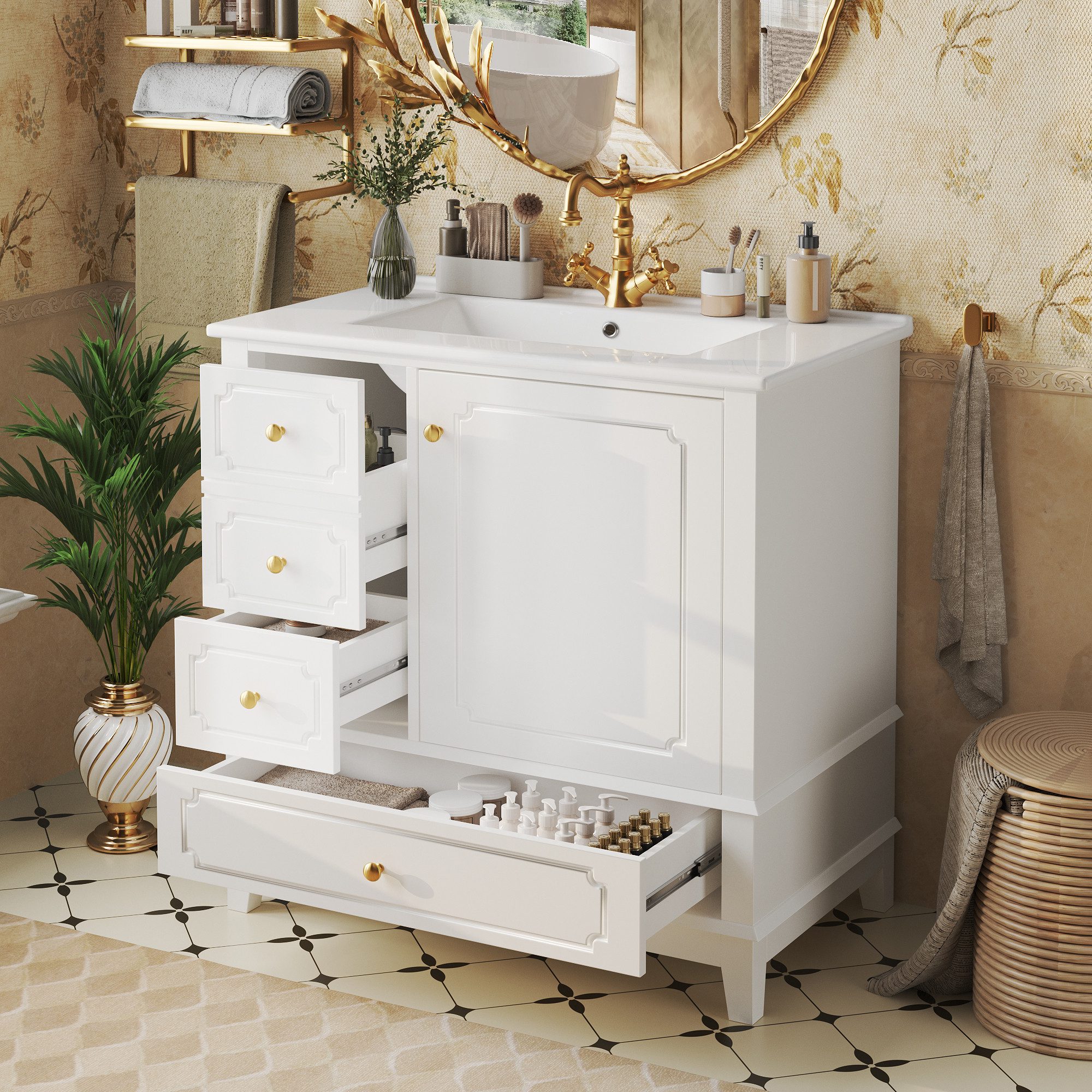 TavilaEcon Waschbeckenschrank Moderner Badschrank mit Waschbecken und Aufbewahrung (1-St) mit Keramik-Waschbecken, weiß – Bild 3 von 5