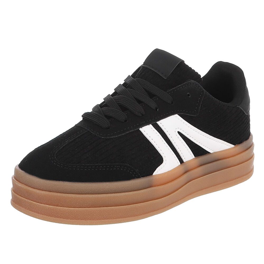 Ital-Design Damen Plateau Sneaker mit Schnürung und Strukturmix Sneaker (91849594) Flach Sneakers Low in Schwarz