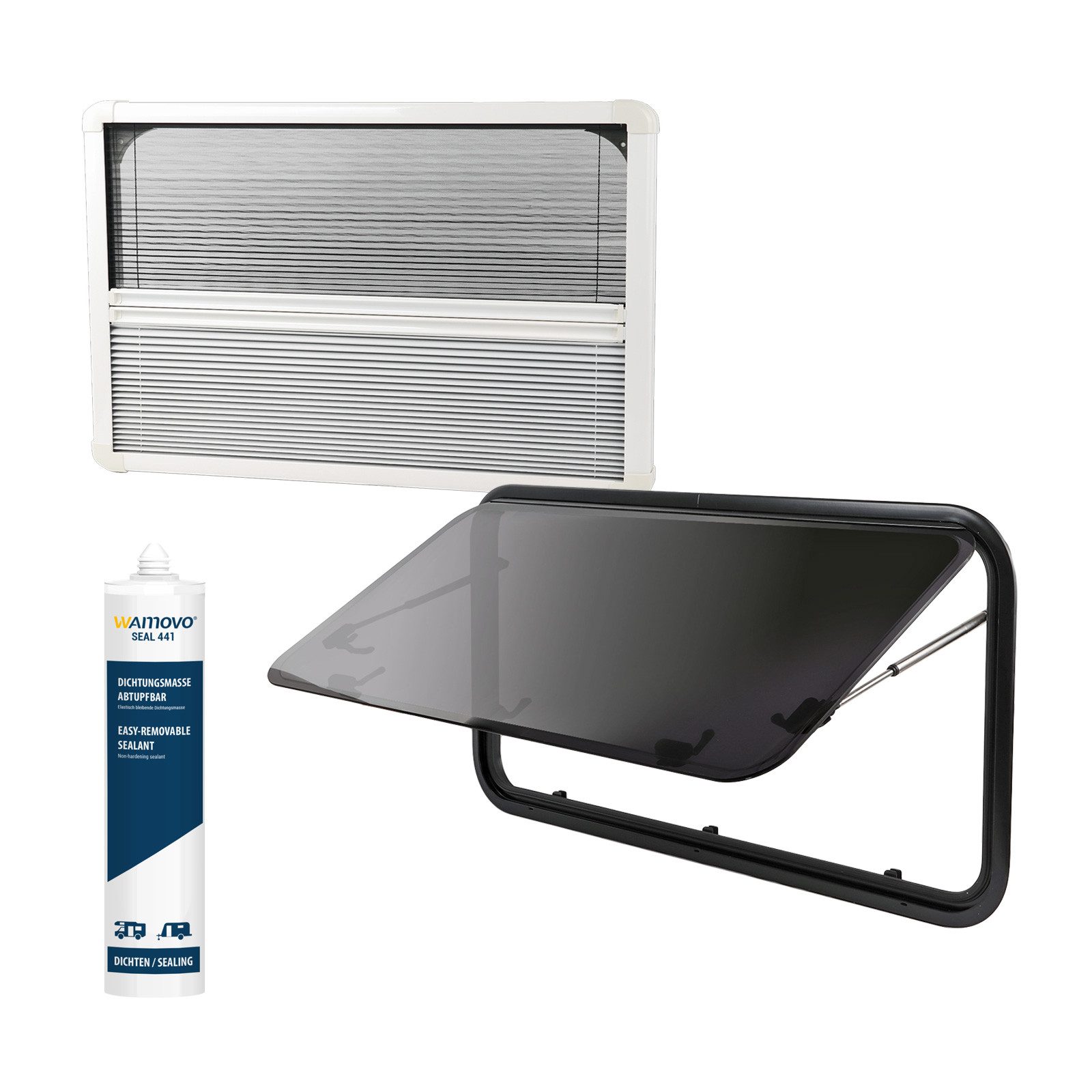Wamovo Fenster Ausstellfenster Acrylglas 90x45cm Wohnwagen Fenster Camper Set Rollo
