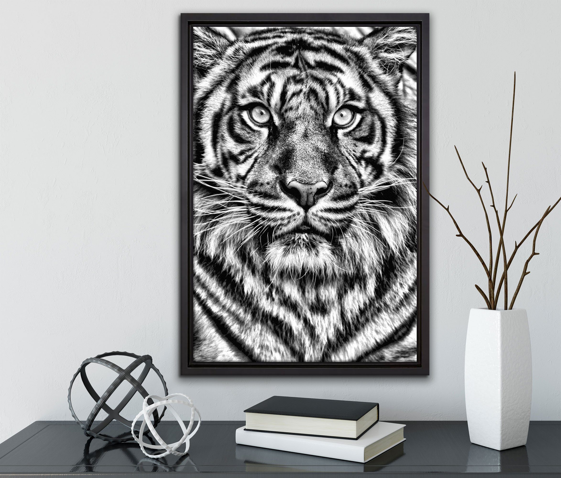 Pixxprint Leinwandbild Aufmerksamer Tiger, Wanddekoration Leinwandbild fertig Schattenfugen-Bilderrahmen einem St), inkl. Zackenaufhänger bespannt, in gefasst, (1