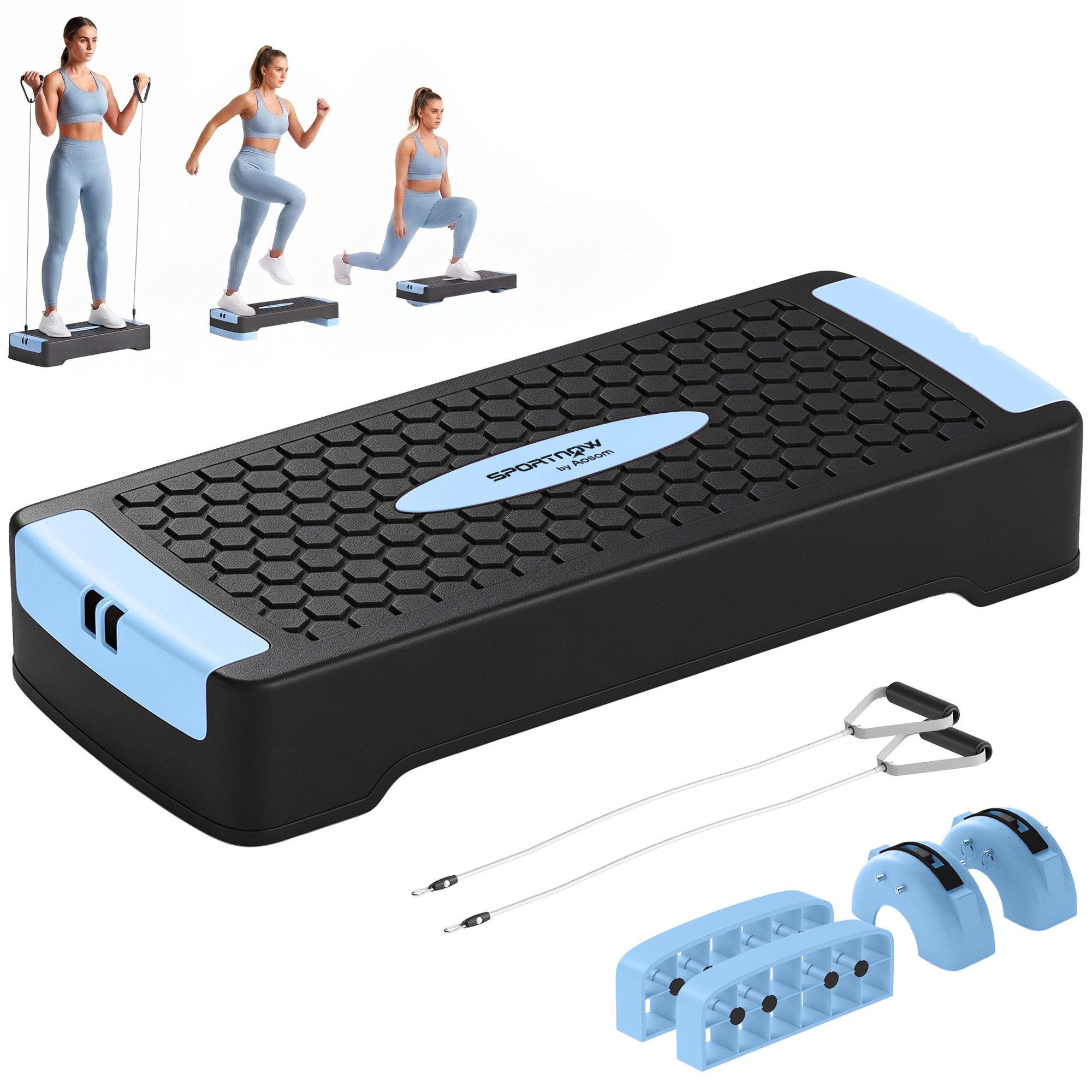 SPORTNOW Stepper rutschfestes Aerobic Steppbrett (Set, 1-tlg., mit 2 Widerstandsbändern), Stepper, Balanceboard, Dehnbrett, Bänder