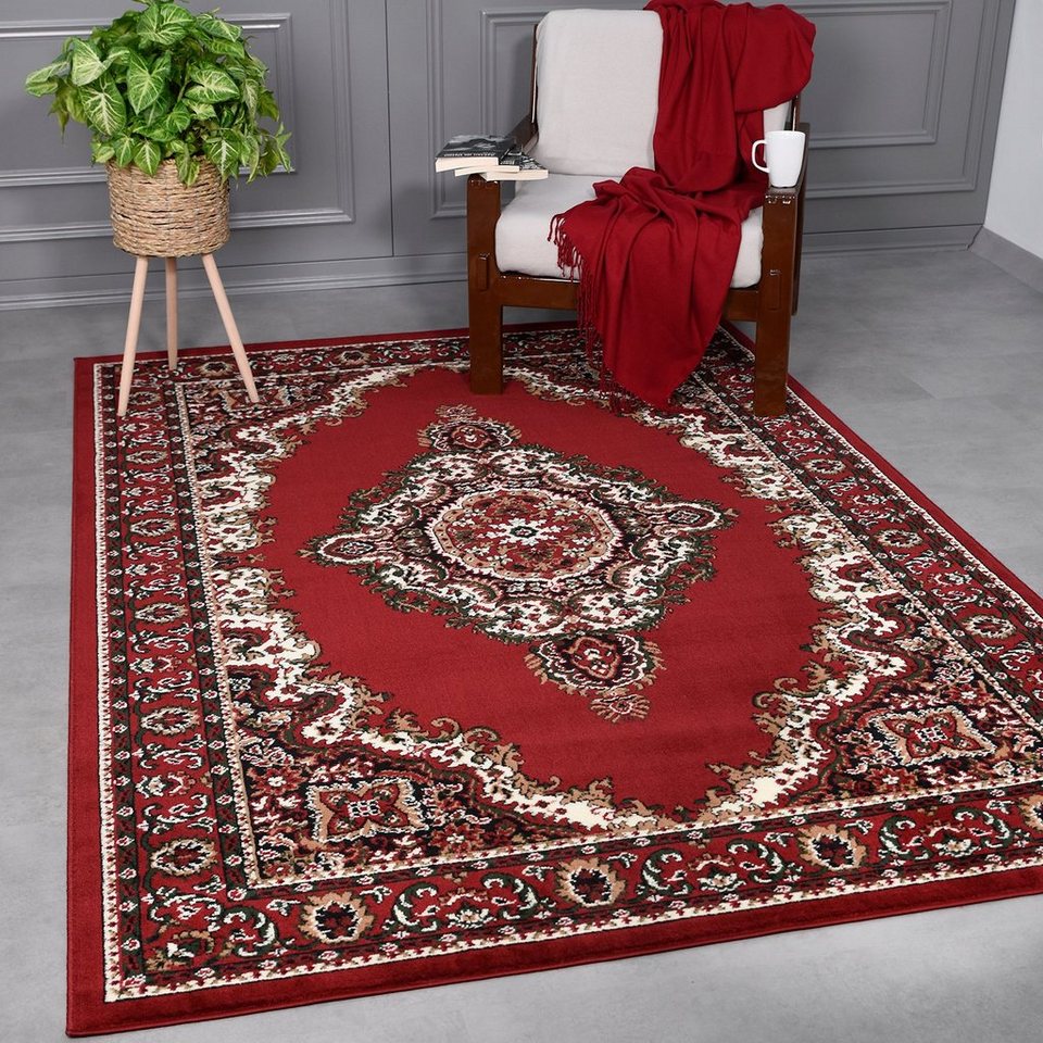 Orientteppich Kurzflor Teppich, Vimoda, rechteckig, Höhe: 8 mm, mit  Kunstvollem, Rot, Klassisch, mit Bordüre, Wohnzimmer