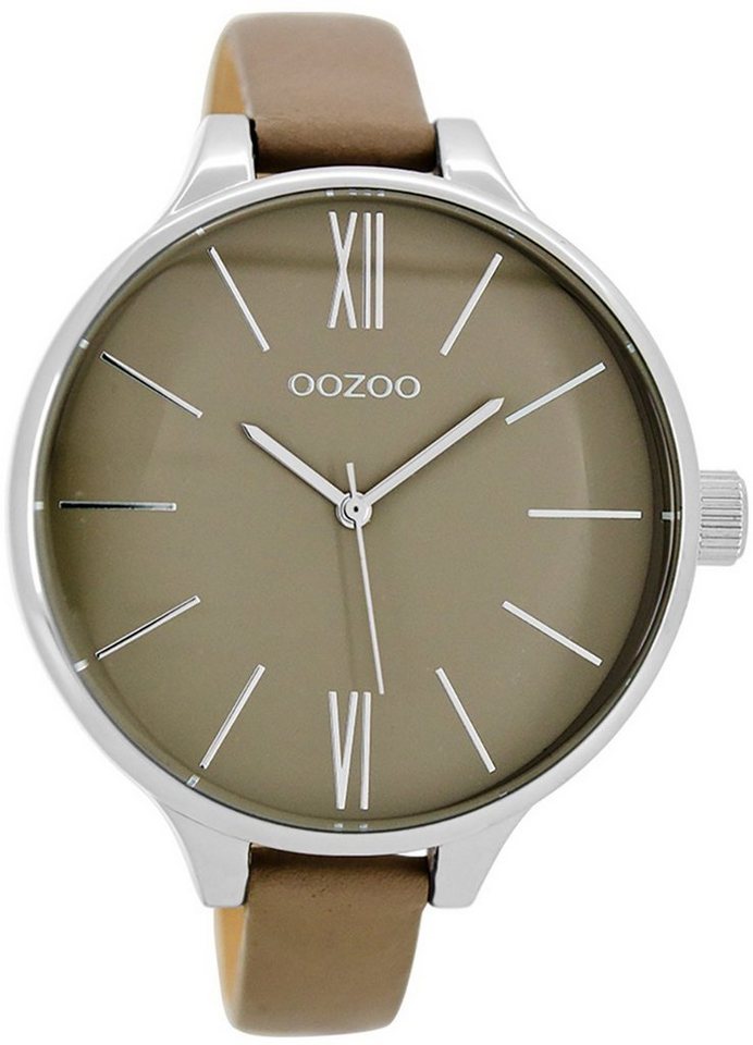 OOZOO Quarzuhr Oozoo Damen Armbanduhr beige, Damenuhr rund, groß (ca. 45mm)  Lederarmband, Fashion-Style