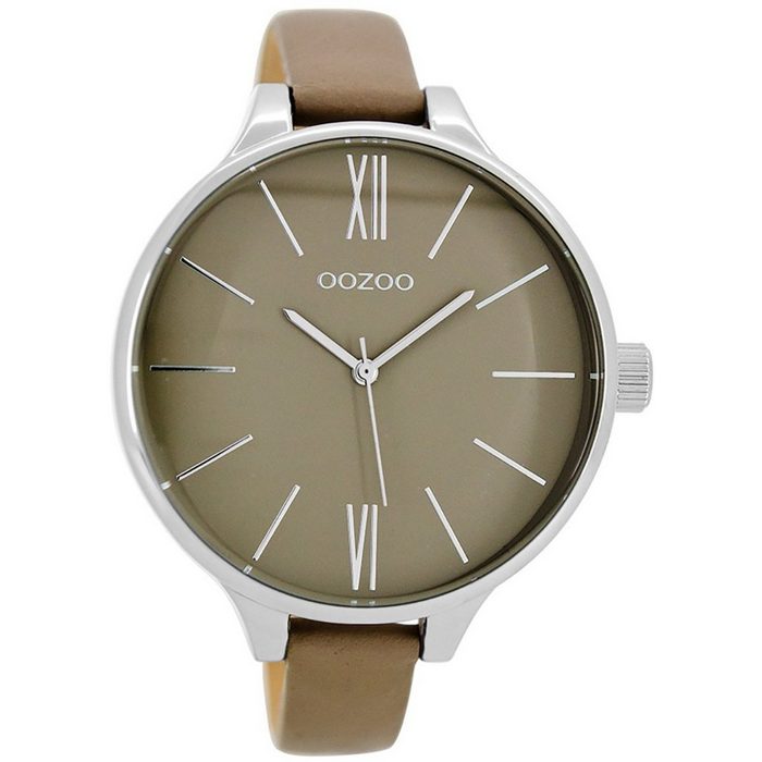 OOZOO Quarzuhr Oozoo Damen Armbanduhr beige (Armbanduhr) Damenuhr rund groß (ca. 45mm) Lederarmband Fashion-Style