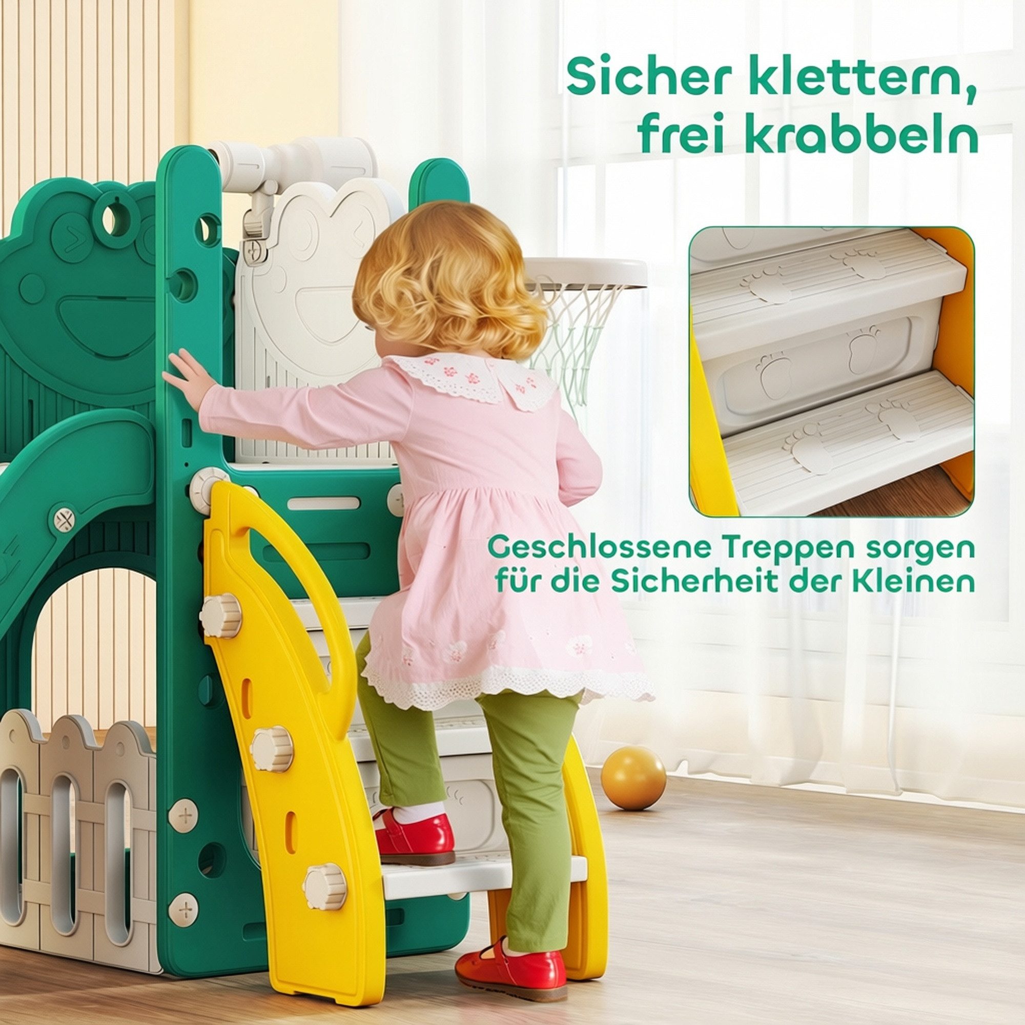 AIYAPLAY Rutsche Klettergerüst 5 in 1 Babyrutsche mit Basketballkorb, Tunnel, (Babyrutsche, 1-tlg., Spielplatz), für Kleinkinder 1-3 Jahre, Gelb – Bild 5 von 5