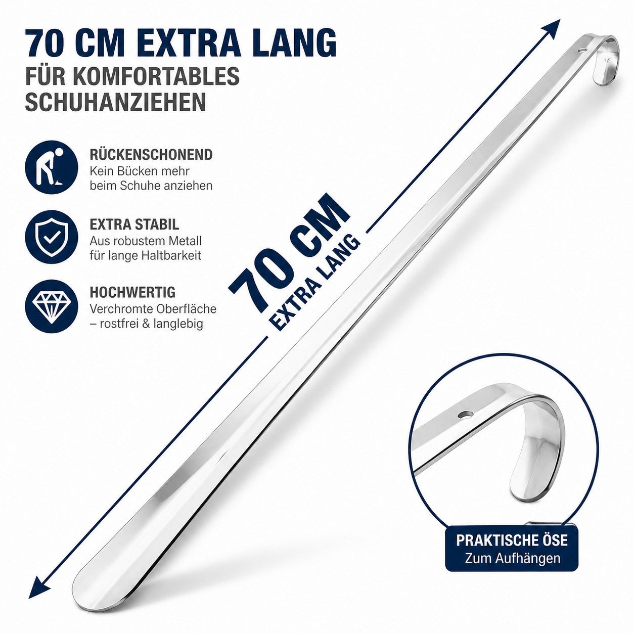 TelMo Schuhlöffel 70cm Schuhanzieher aus Metall, verchromt, sehr stabile Ausführung