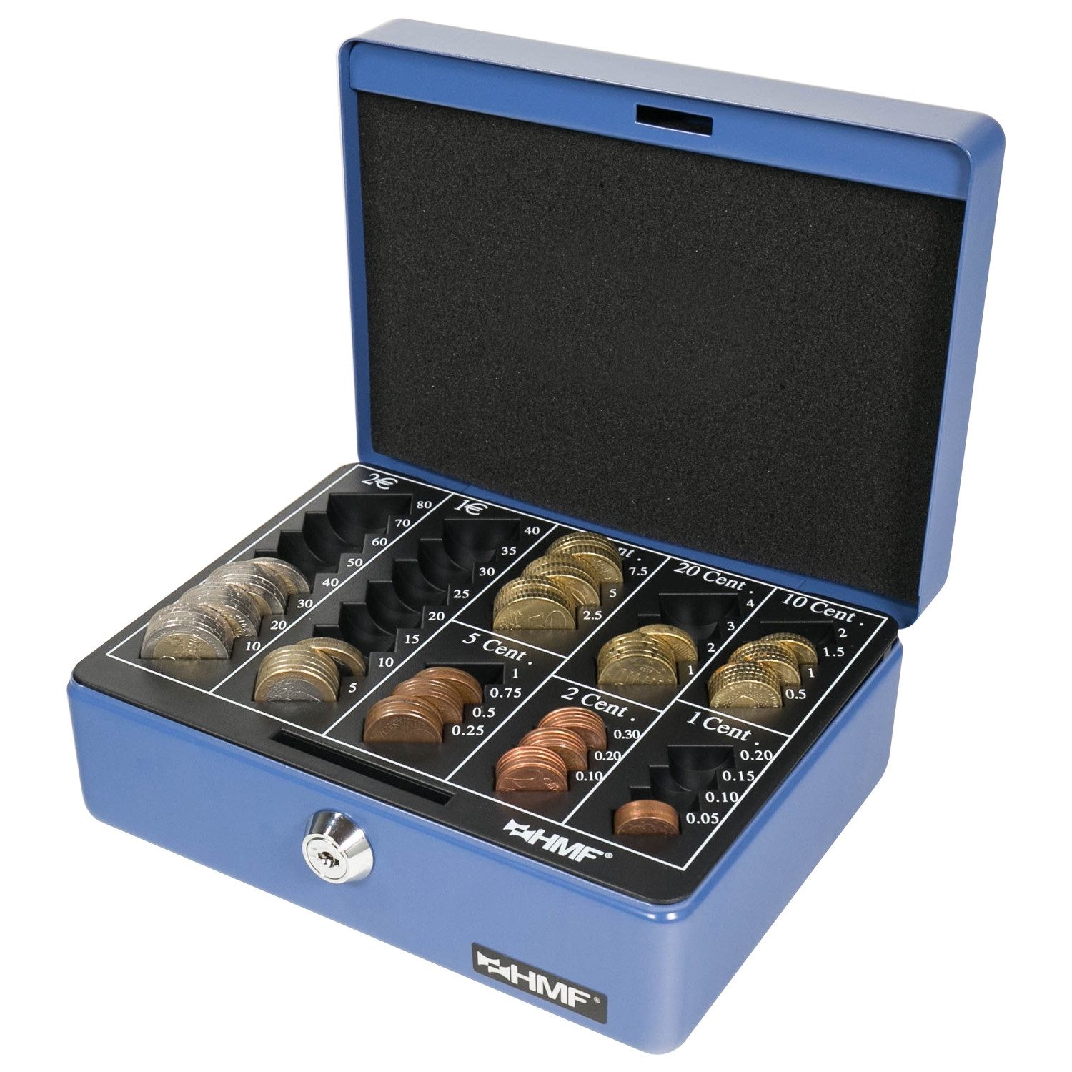 HMF Geldkassette Abschließbare Bargeldkasse mit Euro-Münzbrett, Geldbox mit Schlüssel, 20 x 16 x 9 cm, blau – Bild 2 von 5