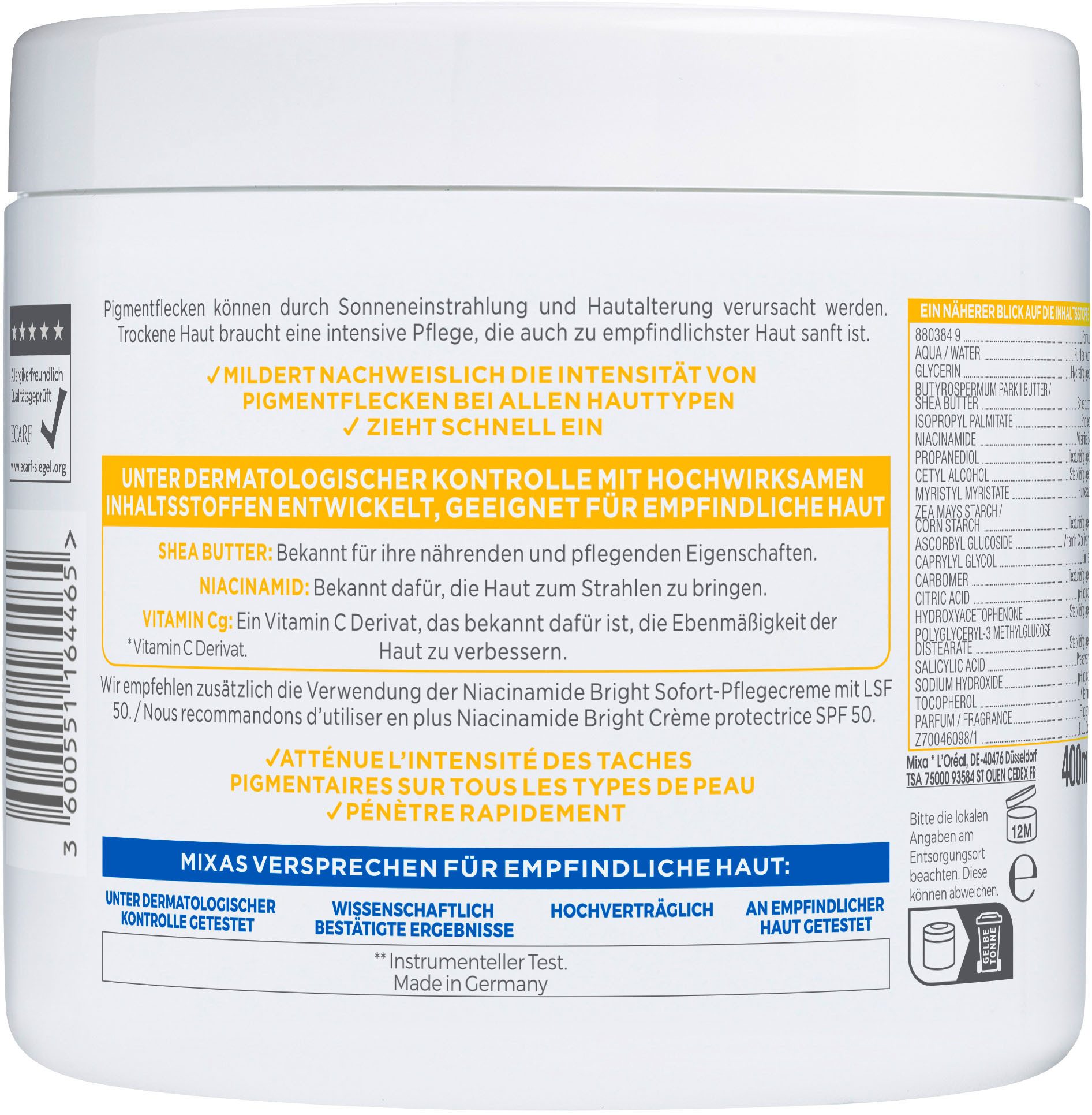Mixa Körpermilch MIXA NIACINAMIDE BRIGHT PFLEGENDE ANTI-PIGMENTFLECKEN CREME, Mildert sonnenbedingte Pigmentflecken, versorgt trockene Haut.