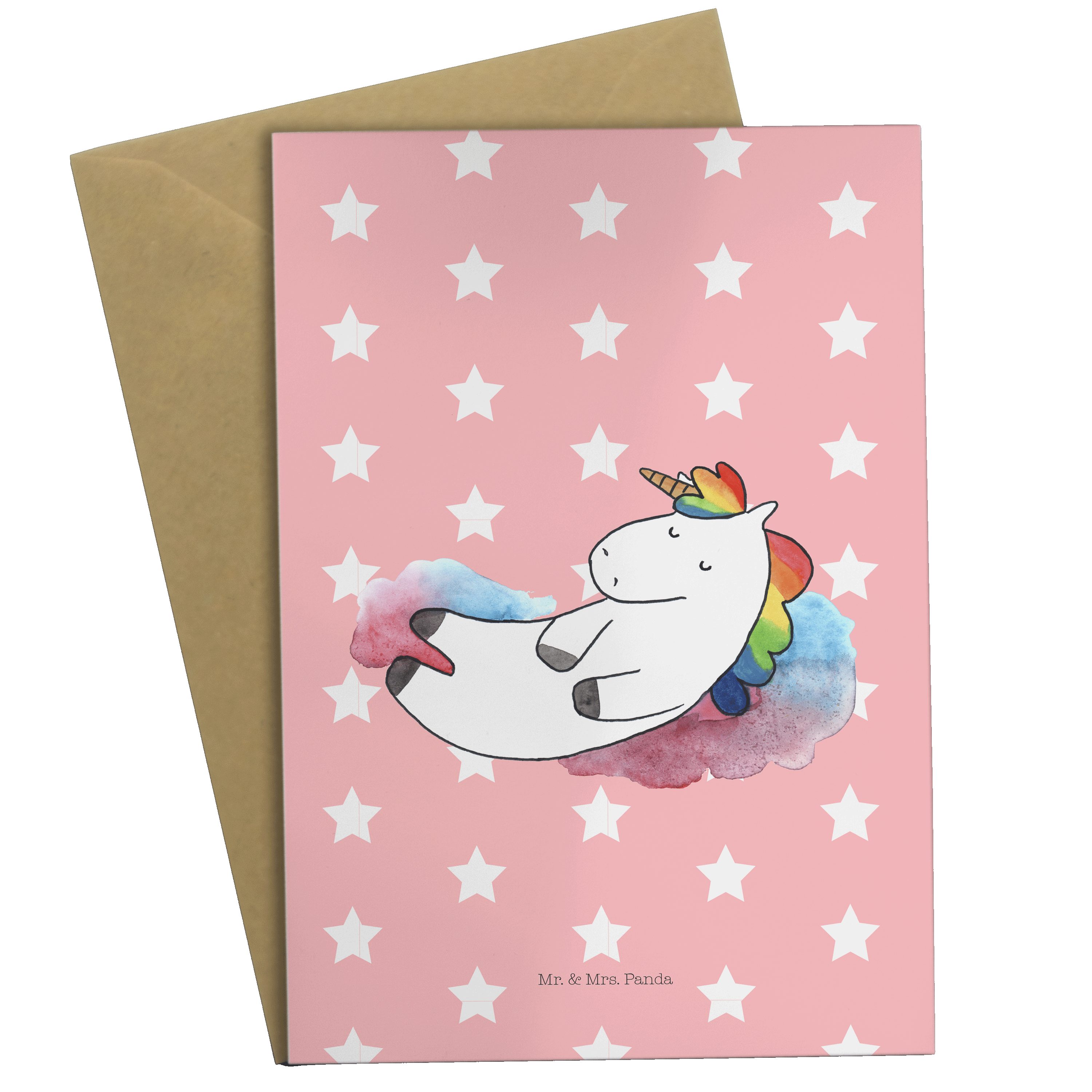 Mr. & Mrs. Panda Grußkarte Einhorn Wolke 7 - Rot Pastell - Geschenk, Karte, Glaube, Einhorn Dek
