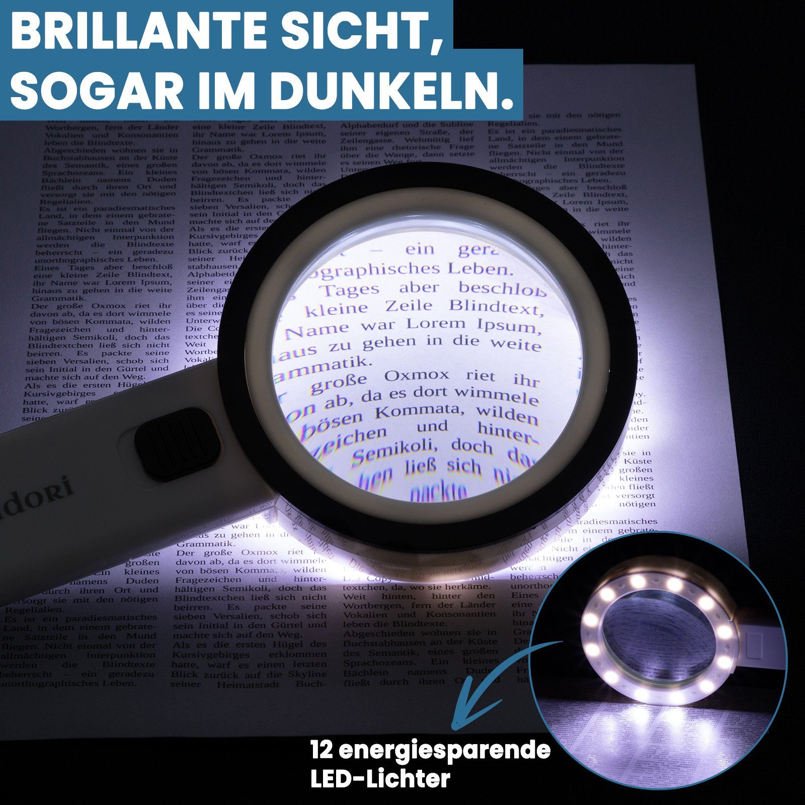 Midori Handlupe, 3-tlg., Leselupe Lupe Handlupe mit LED-Licht 30-fache Vergrößerung 80mm Linse