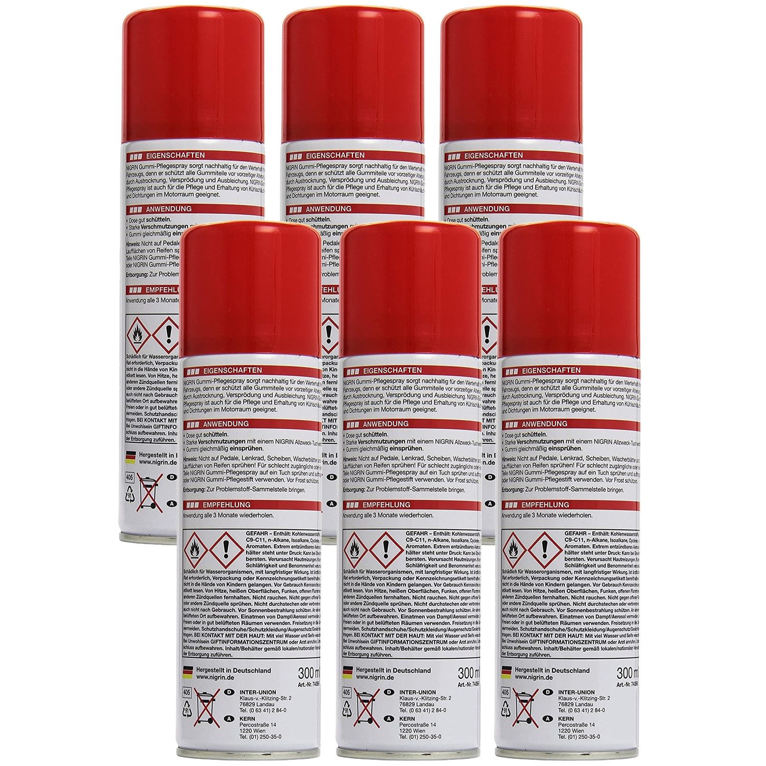 NIGRIN 6x Gummi-Pflege Spray Gummidichtungs-Pflege Auto Pflegeset (6-St. Aufbereitung Pfleger Geschmeidig Farbfrisch Werterhalt Schützt)