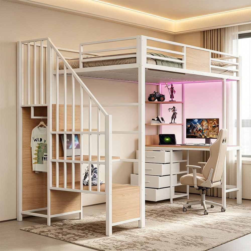 REDOM Hochbett mit Schreibtisch, LED-Beleuchtung und Ablagefächern (Metallbett Kinderbett, Einzelbett 90 x 200 cm) ohne Matratze