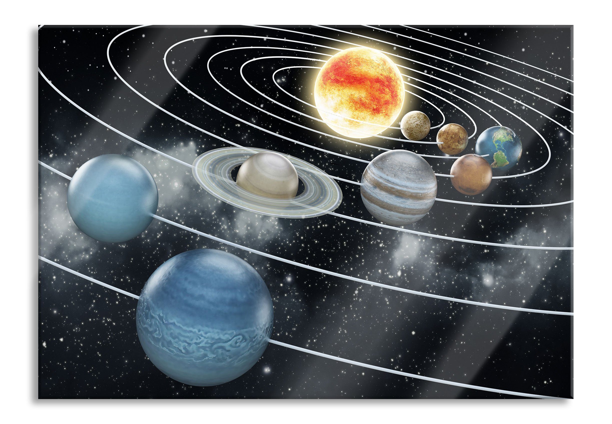 Pixxprint Glasbild Sonnensystem mit unseren Planeten, Sonnensystem mit unseren Planeten (1 St), Glasbild aus Echtglas, inkl. Aufhängungen und Abstandshalter