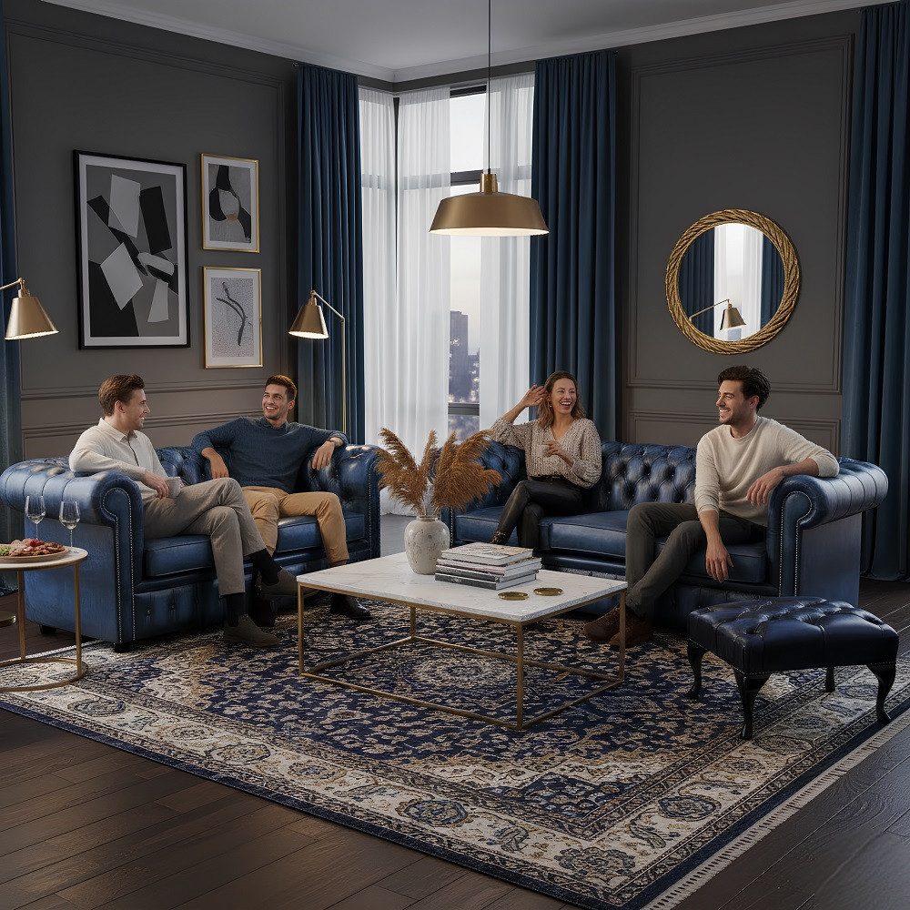 JVmoebel Chesterfield-Sofa Elegantes Sofa-Set in modernem Blau aus hochwertigem Kunstleder, 3 Teile, Made in Europa