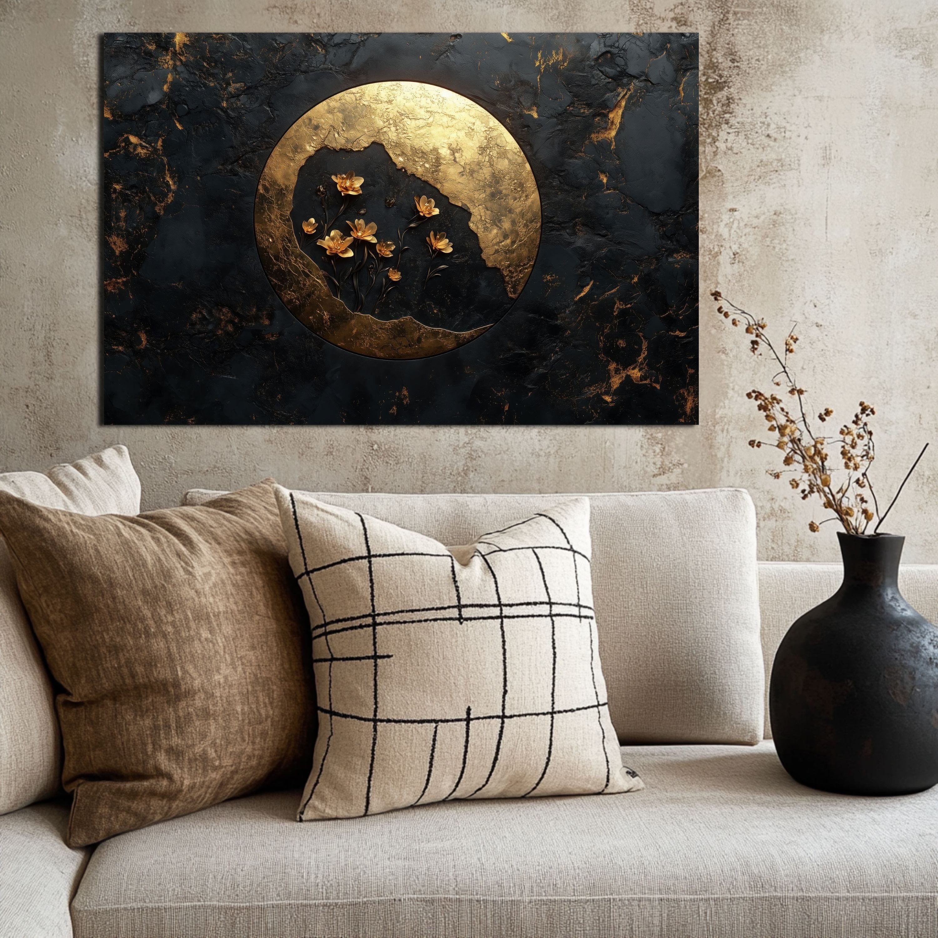 DARO Design Leinwandbild Modern Abstrakt Wandbilder XXL Wandbild Wand Deko Leinwand Bilder, (Goldene Erde - Bild groß Wohnzimmer Schlafzimmer Küche Esszimmer Einteilig Querformat Fotodruck Leinwände Wanddeko Abstrakte Kunst Boho), 30x20 cm