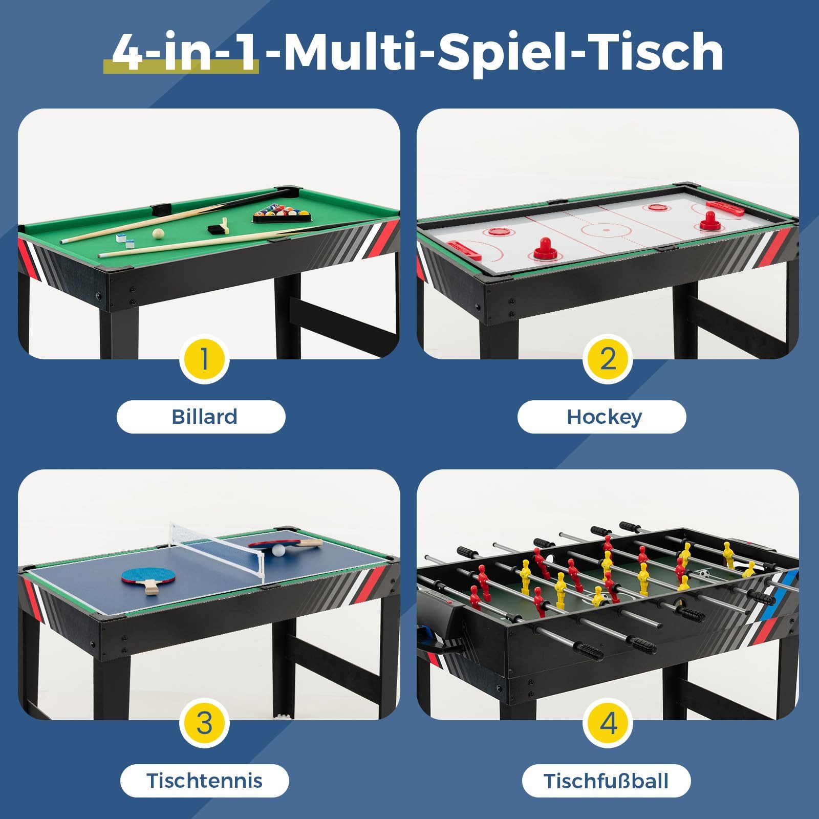 COSTWAY Kickertisch, 4 in 1 Tischkicker mit Billard, Push Hockey, Tischtennis