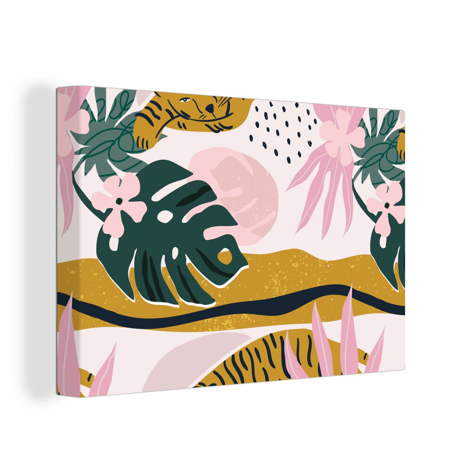 OneMillionCanvasses® Leinwandbild Tiger - Pflanzen - Dschungel - Muster, (1 St), Wandbild Leinwandbilder, Aufhängefertig, Wanddeko, 30x20 cm
