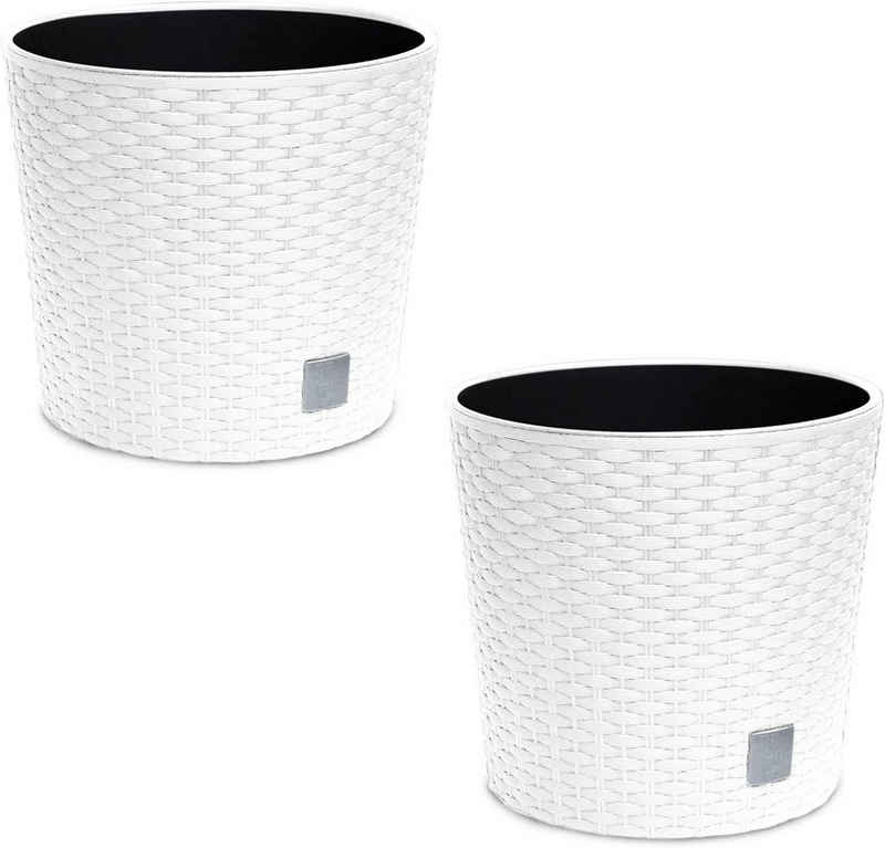 astor24 Blumentopf 2x Blumentopf Rattan Blumenkübel Pflanzentopf (Blumentopf Garten Balkon Blumen Topf Kräutertopf, 2 Blumentöpfe), Durchmesser 20 cm - 2 Blumentöpfe - hochwertig verarbeitet - mit Wasserüberlauf - fertig montiert