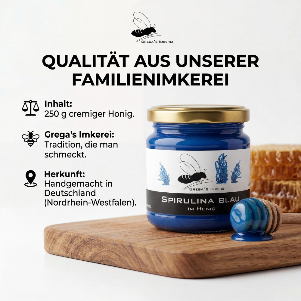 Grega´s Imkerei Honig Blauer Spirulina Blau im Honig, 1 x 250 g, (Honig & mehr direkt vom Imker), Cremige Honigspezialität mit nur zwei natürlichen Zutaten – Bild 5 von 5