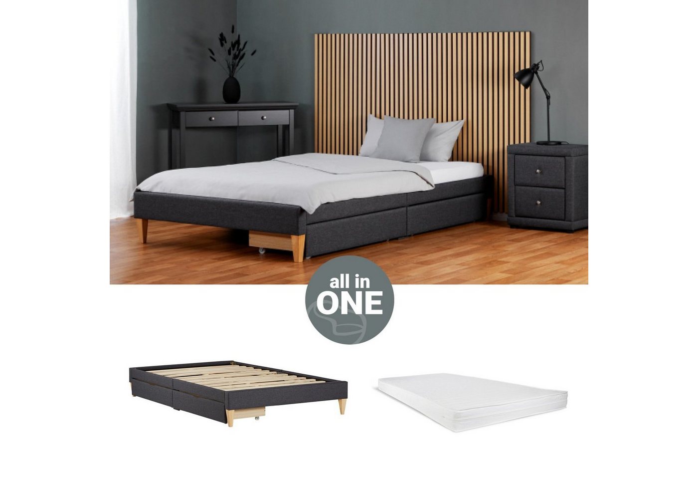 Homestyle4u Polsterbett 140x200 mit Lattenrost Matratze und Bettkästen in G günstig online kaufen