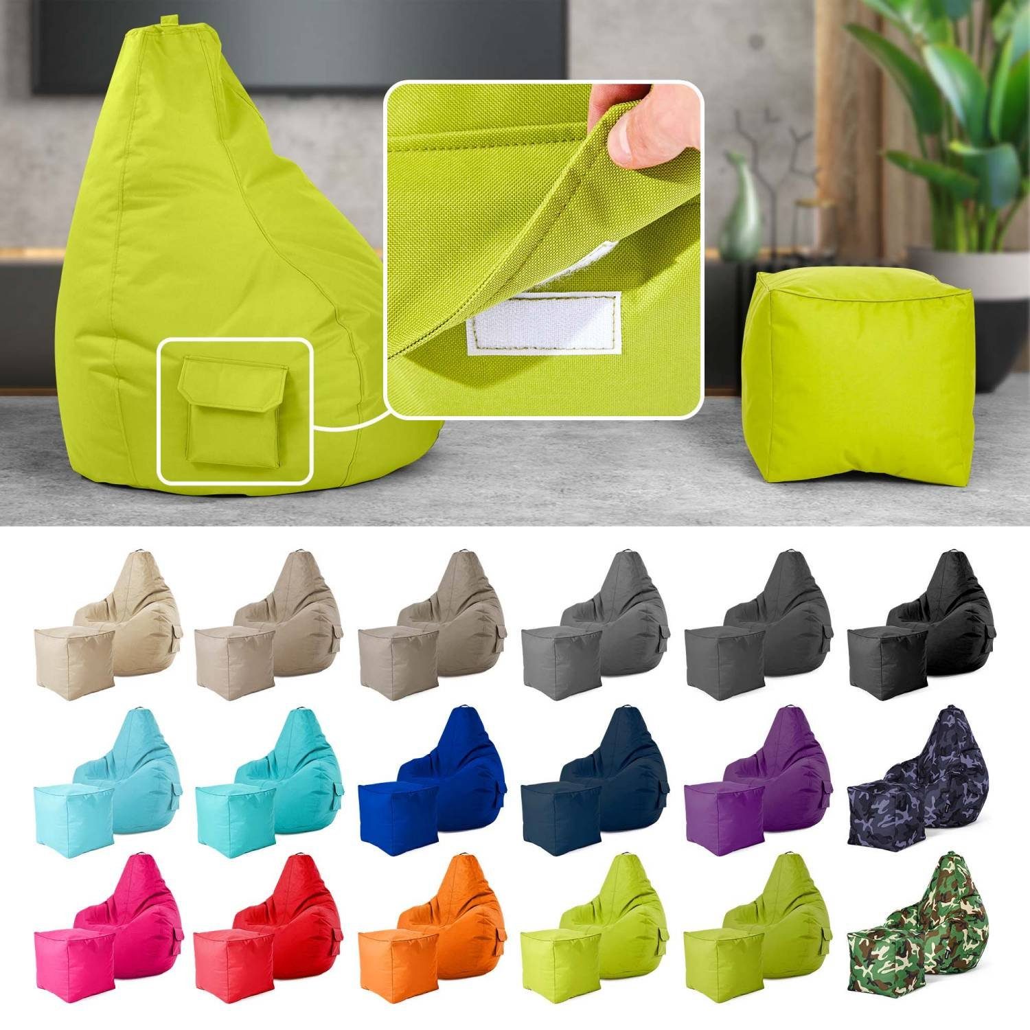 Green Bean Sitzsack Gaming Sitzsack + Hocker Cozy+Cube (2er Set Sitzsack + Hocker - fertig befüllt - robust waschbar schmutzabweisend -, Kinder & Erwachsene Bean Bag Bodenkissen), Lounge Sitzhocker Relax-Sessel Gamer Gamingstuhl Pouf